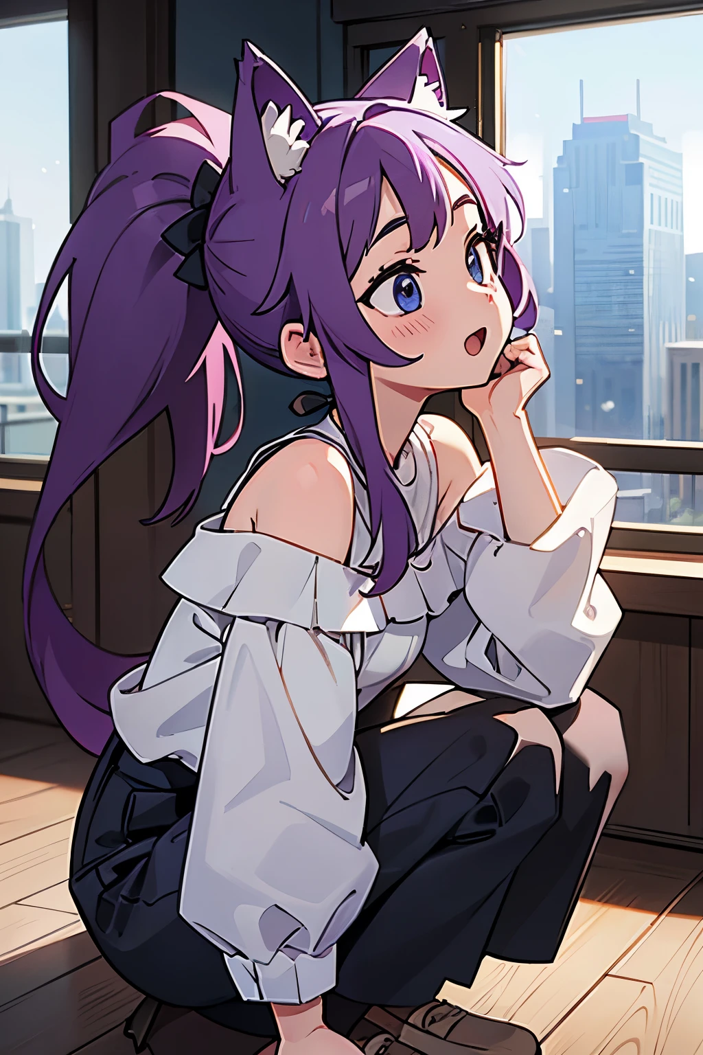 ((Masterpiece)), ((best quality)), (Professional Photography), (Photorealsitic:1.3), (super detailed), profile, ((crouching on Skyscraper Tops)), open mouth and laughing, 1girl, cute, ((seductive Pose)), (put on cat ears), messy long ponytail, pale purple hair, cute eyes, (white sleeves), (Off-shoulder long sleeves), cityscape, high res, ((beautiful eyes)),