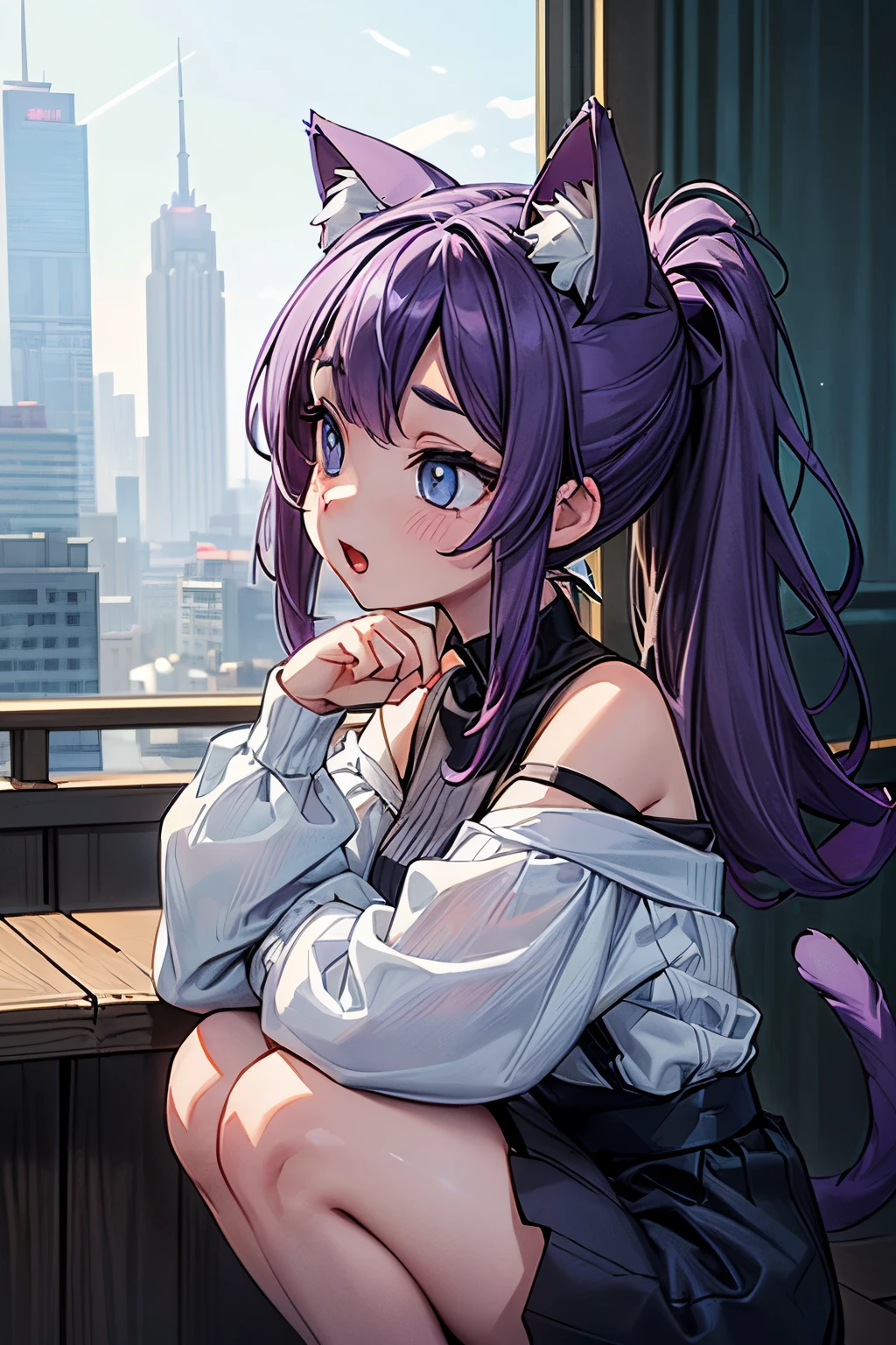 ((Masterpiece)), ((best quality)), (Professional Photography), (Photorealsitic:1.3), (super detailed), profile, ((crouching on Skyscraper Tops)), open mouth and laughing, 1girl, cute, ((seductive Pose)), (put on cat ears), messy long ponytail, pale purple hair, cute eyes, (white sleeves), (Off-shoulder long sleeves), cityscape, high res, ((beautiful eyes)),