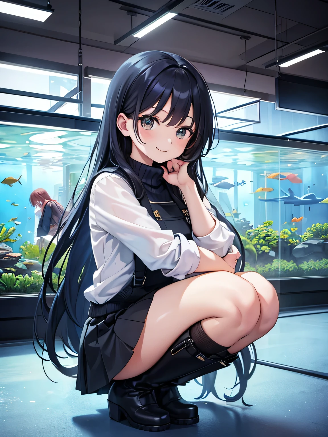 (1) A woman is squatting down and looking at the aquarium.
(2) that woman has long black hair.
(3) The woman is wearing a fluffy knit, Mini skirt and long boots.
(4) The woman's expression is a smile.
(5) The place is an aquarium.