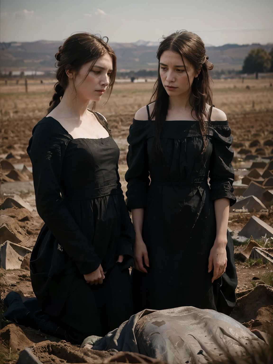 ((Jeremy Lipking style)) ((Nicola Samori style)) woman buried in the ground, two very ugly sad women, ((long black dress)), front, sky, field)), hair up, (oil on linen), (photo from nikon d800, 50mm
lens), focus, ((two women with legs buried in the ground))