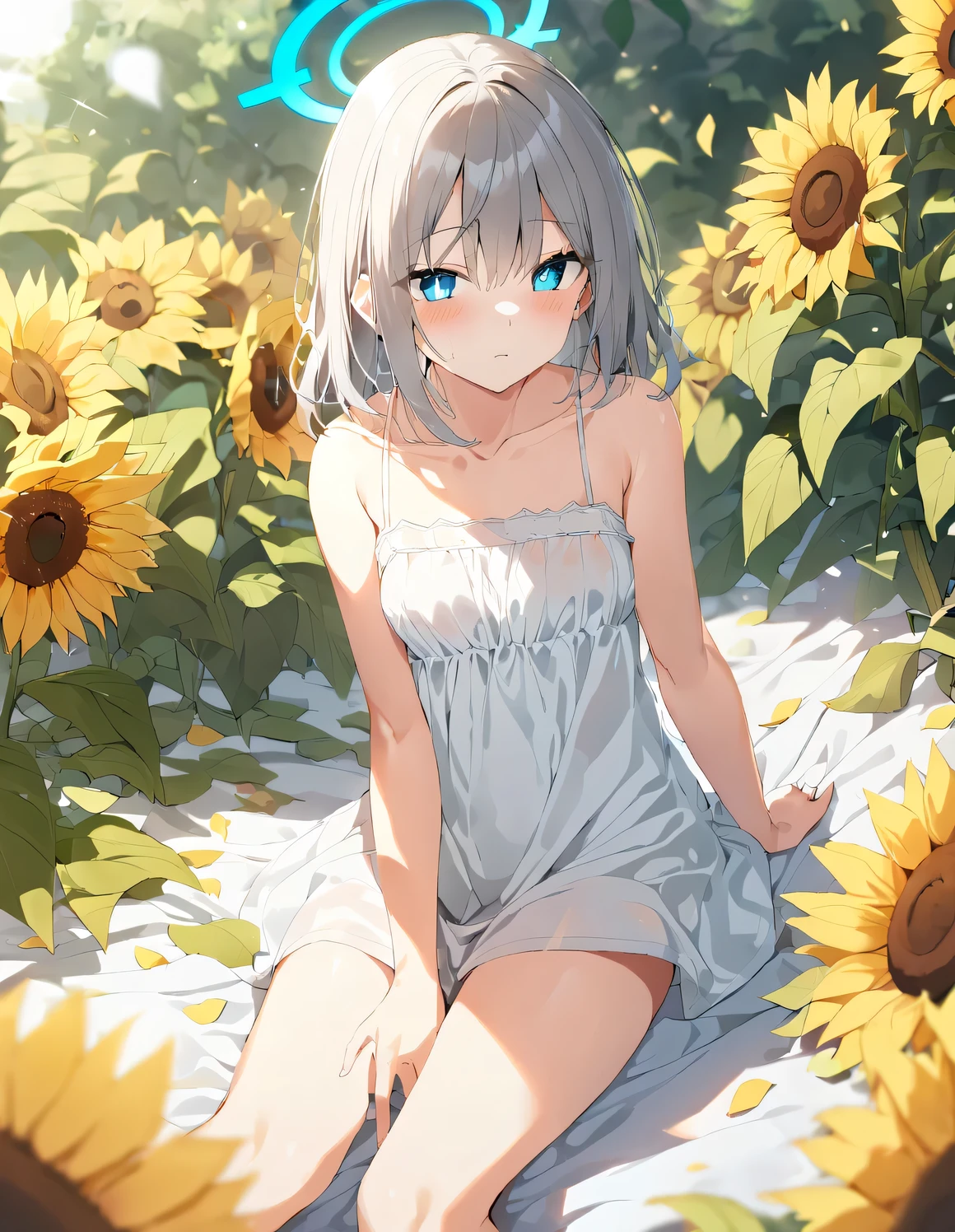 1 girl,Shiroko_\(green_archive\),looking at the viewer,Hello,blush,bangs,bow,hair between eyes,bare shoulders,short hair,clavicle,green eyes, small breasts,outdoor,Day,white dress,bare arms,petal,Lying,Spread Registration,sleeveless dress,Depth of bounds written,leaf,white skirt,blurred foreground,yellow flower,sunflower,put your hand on your crotch,Fingering crotch,masturbation,sundress,
masterpiece, highest quality, 8K, figure,
