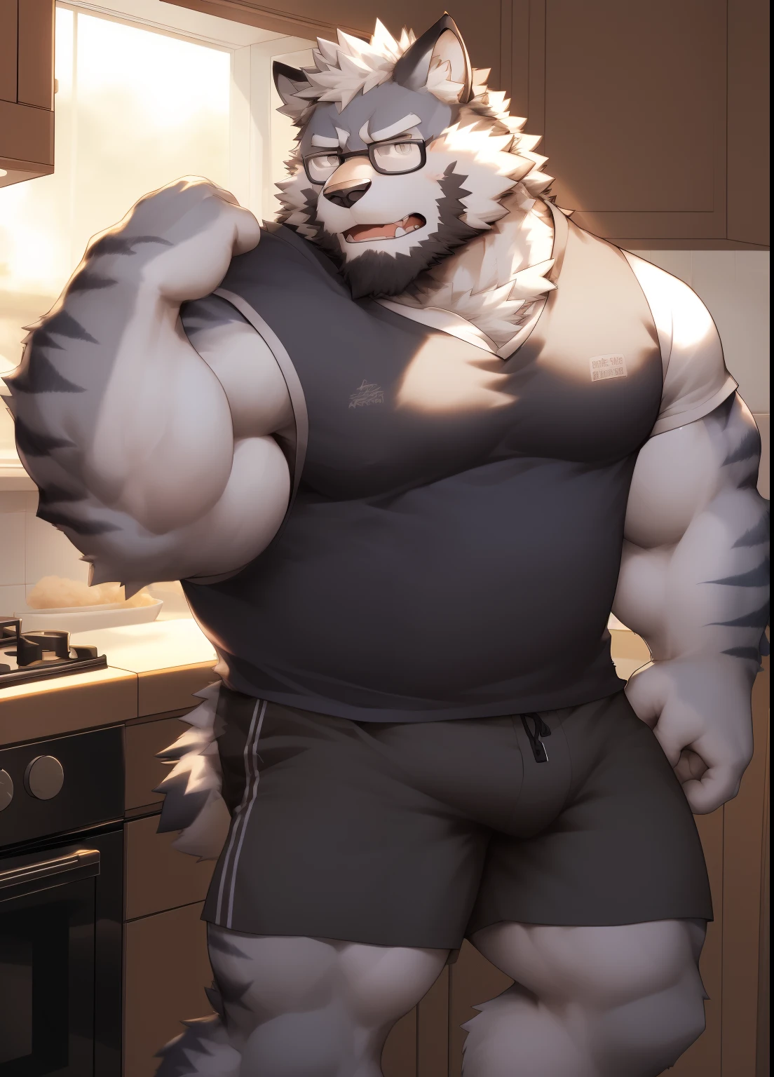 hairy，（（Wolf，shorts，loose clothes，Black-rimmed glasses）），beard，white fur，male，Common，full body picture（（极其lifelike阴影，masterpiece，Very detailed，lifelike））， （（Cat）），dynamic poses，kitchen，action of cooking（（极其lifelike背景，masterpiece，Very detailed，lifelike））detailed background