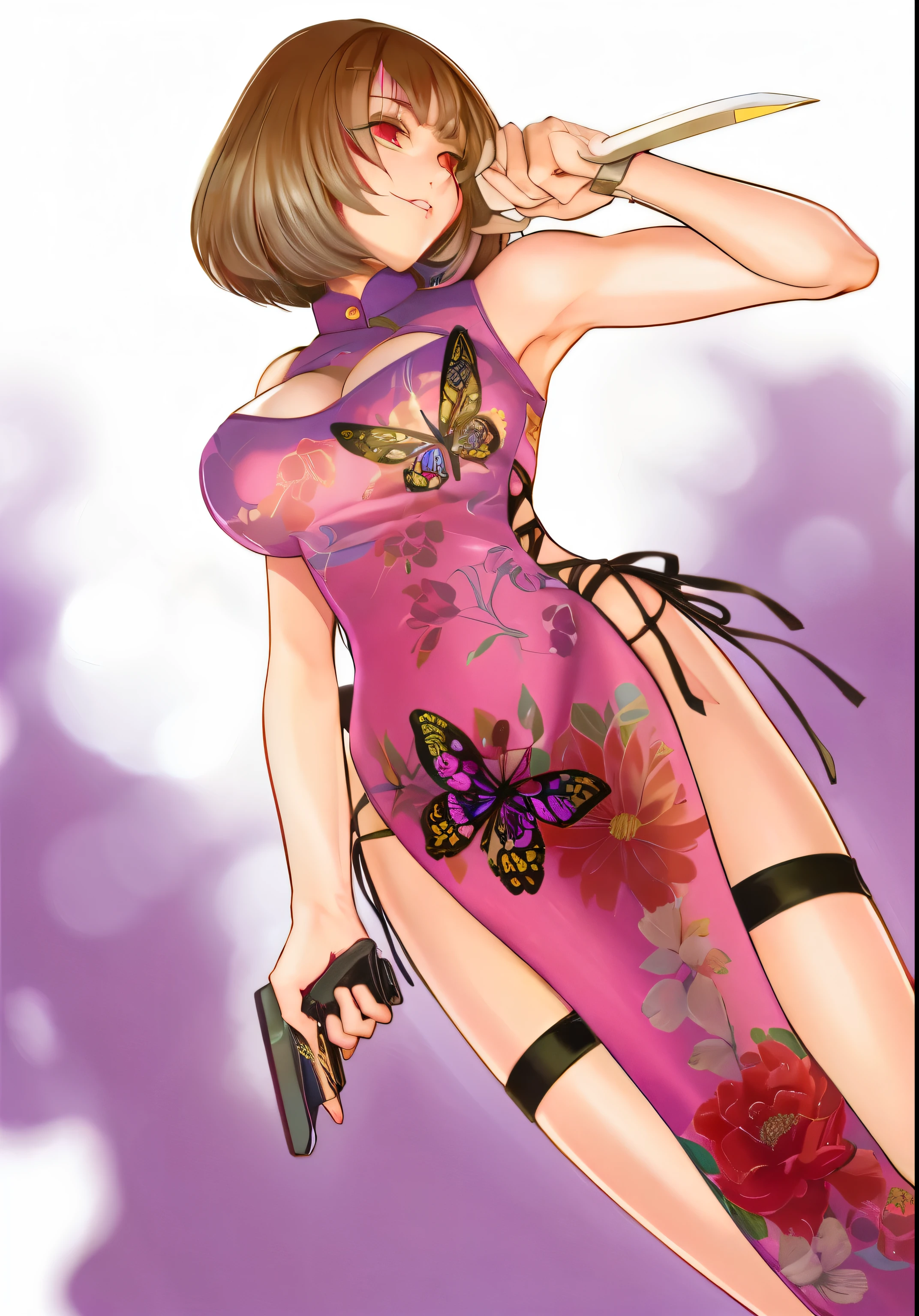 bob hair、pink cheongsam、right hand pistol、left hand knife