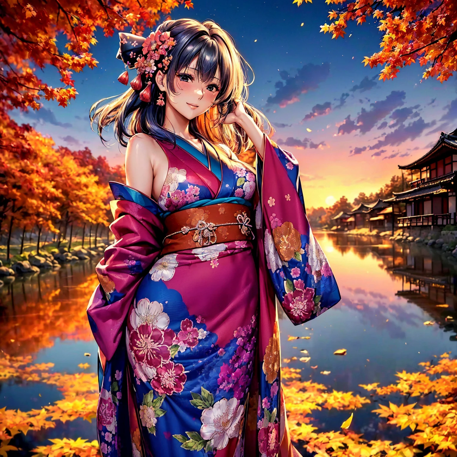 (((highest quality、masterpiece、very high resolution、highly detailed images、detailed details)))、(A woman of perfect and ultimate beauty:18-year-old, beautiful body、beautiful face:cheeks are red、beautiful eyes:bewitching gaze,beautiful hair:Colorful colors,bright smile:Mouth opens)、(Slender and beautiful body, best skin and hair texture)、(((japanese kimono:Beautiful, floral and colorful,shoulders are exposed,I can see my thighs))),((Mt. Momiji:Beautiful autumn leaves and waterside,mysterious night sky,natural light,beautiful scenery,beautiful scenery,Beautiful colors)),(beautiful pose,model shoot,Hair flutters under the influence of the wind),bijinga,Overall image、accurate image、accurate anatomy、Image without defects,(best shot,RAW photo:1.2)