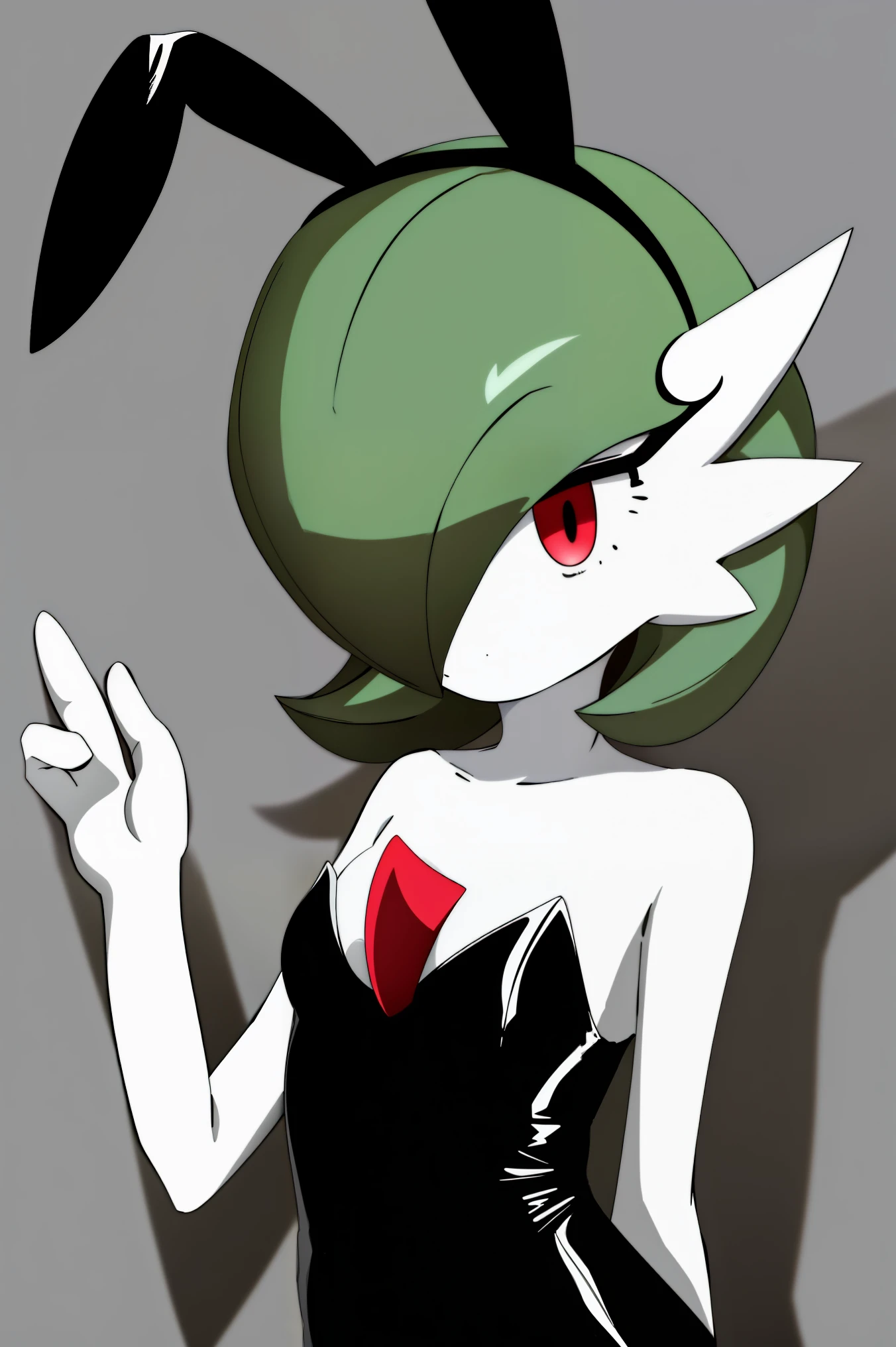 masterpiece, best_quality, 1girl, solo, gardevoir, creatures \(company\), game freak, nintendo, pokemon, pokemon \(game\), bangs, colored skin, female focus, gen 3 pokemon, green hair, green skin, hair over one eye, multicolored skin, pokemon \(creature\), red eyes, short hair, two-tone skin, white skin, playboy bunny, black leotard,
