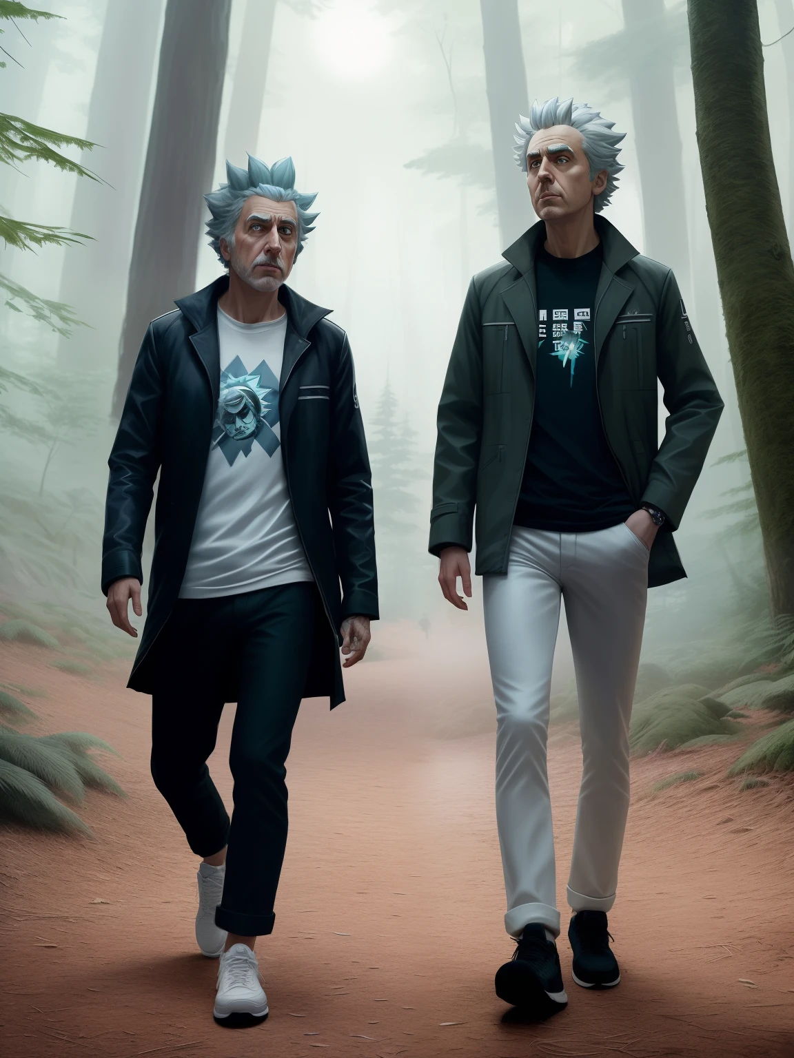 (Rick Sanchez), (cartoon style), Rick and Morty Universe, humanlooking at the camera, walking in the forest (Wearing a white scientist's coat, Black pants and white sneakers, and t-shirt with an image of him and Morty), (((muscular))) Atey Ghailan, by Jeremy Mann, Greg Manchess , Antonio Moro, trends on ArtStation, trends on CGSociety, Intricate, high detail, sharp focus, dramatic, photorealistic painting art by Midjourney and Greg Rutkowski, bokeh in the background