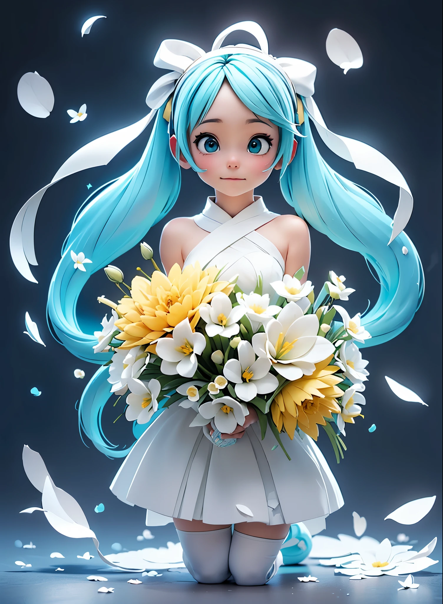 hatsune miku blue hair , Kagamine Rin yellow hair , White Wedding Dresses, long hair, flower hairpin, wedding bouquet wrapped in white paper, hand caressed hair, The effect of falling white petals, lily, big,