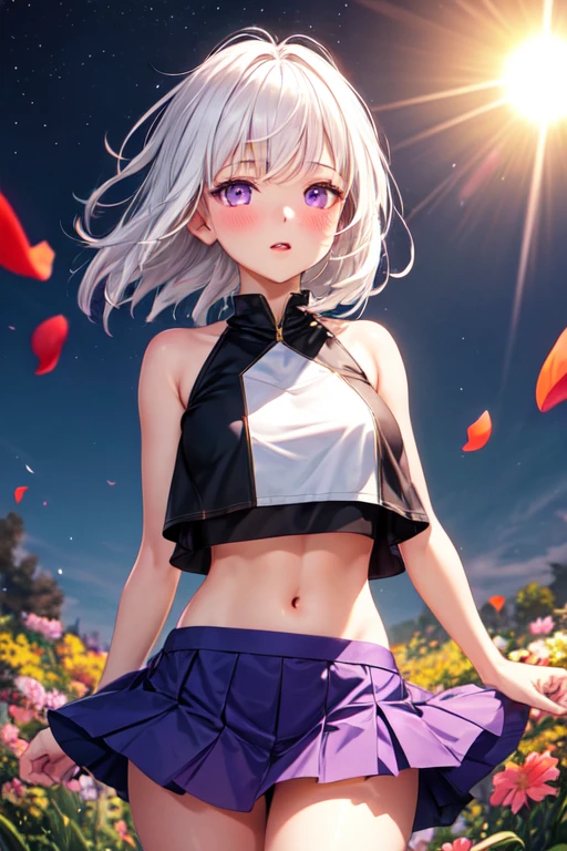 actual, 1 girl, white hair, purple eyes, glowing eyes, crop top, skirt, open lips, blush, night, flowers, sun, sunlight