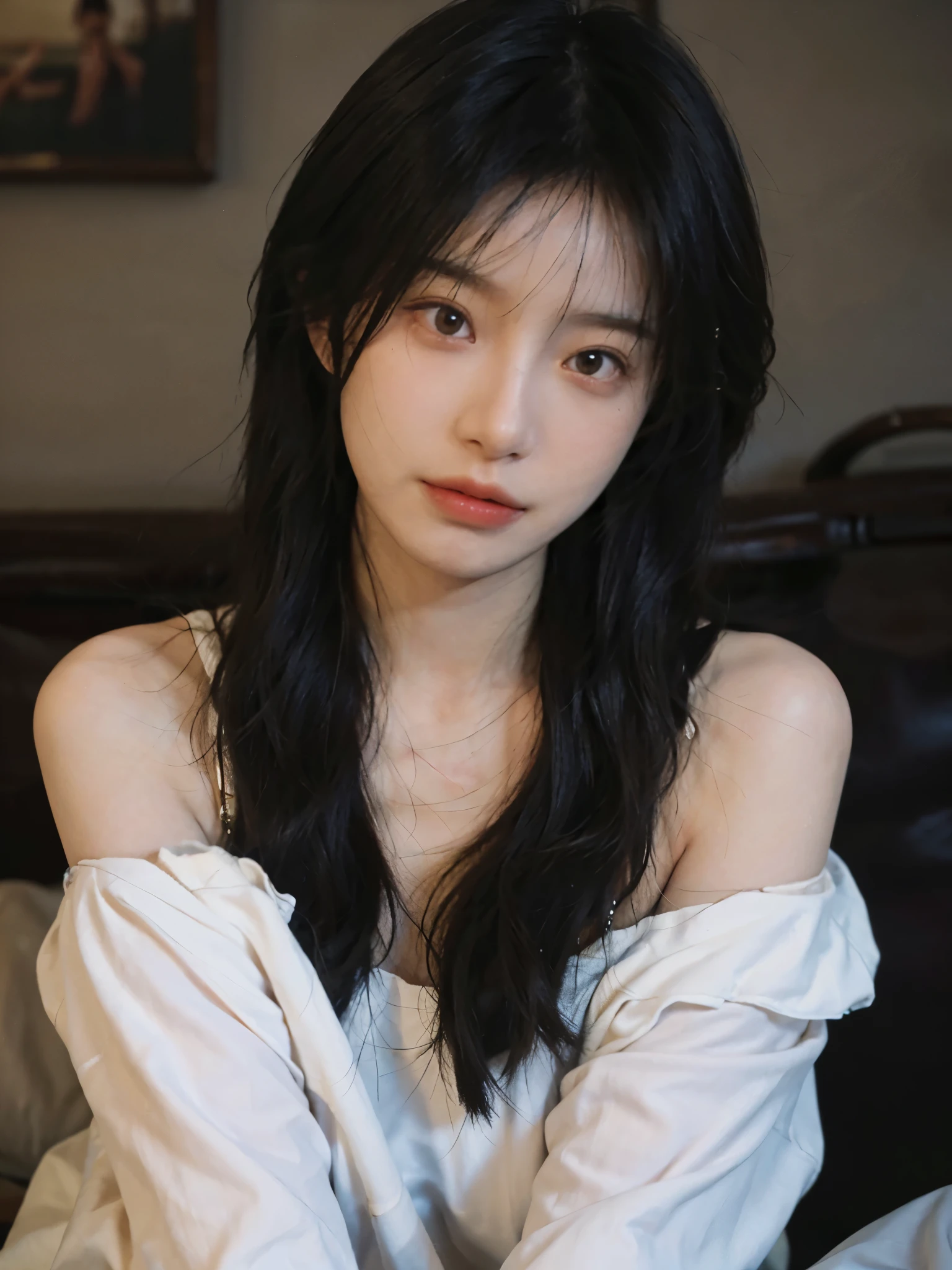 Film portrait photography, 1 girl, bare shoulders, Shoulder length wavy hair, serene, calm, (Realistic and detailed eyes, natural skin texture, Realistic facial details), Soft dramatic lighting, depth of field, Bokeh, Vibrant details, Detailed and detailed, surreal, 35mm film, hazy, ,