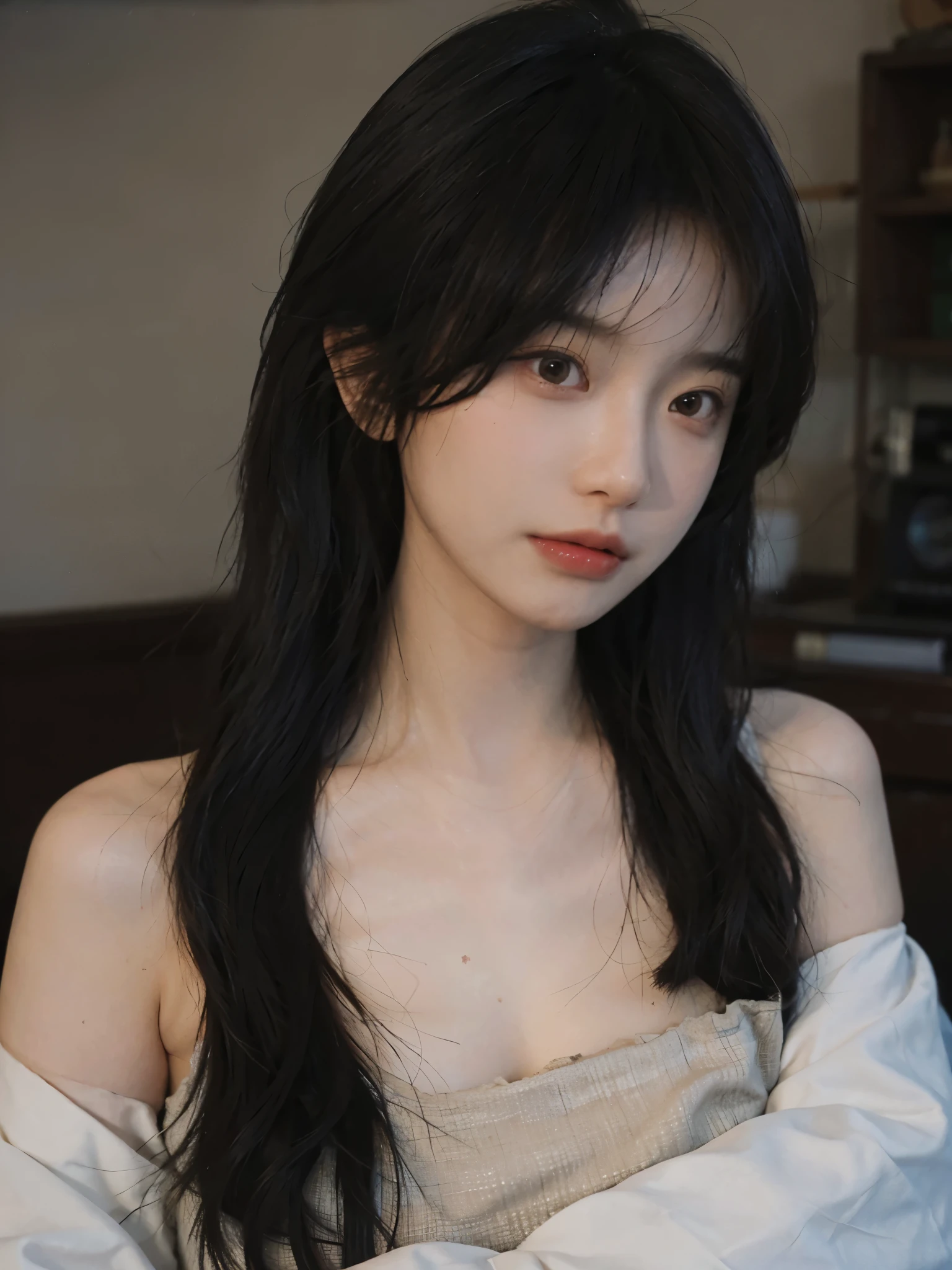 Film portrait photography, 1 girl, bare shoulders, Shoulder length wavy hair, serene, calm, (Realistic and detailed eyes, natural skin texture, Realistic facial details), Soft dramatic lighting, depth of field, Bokeh, Vibrant details, Detailed and detailed, surreal, 35mm film, hazy, ,