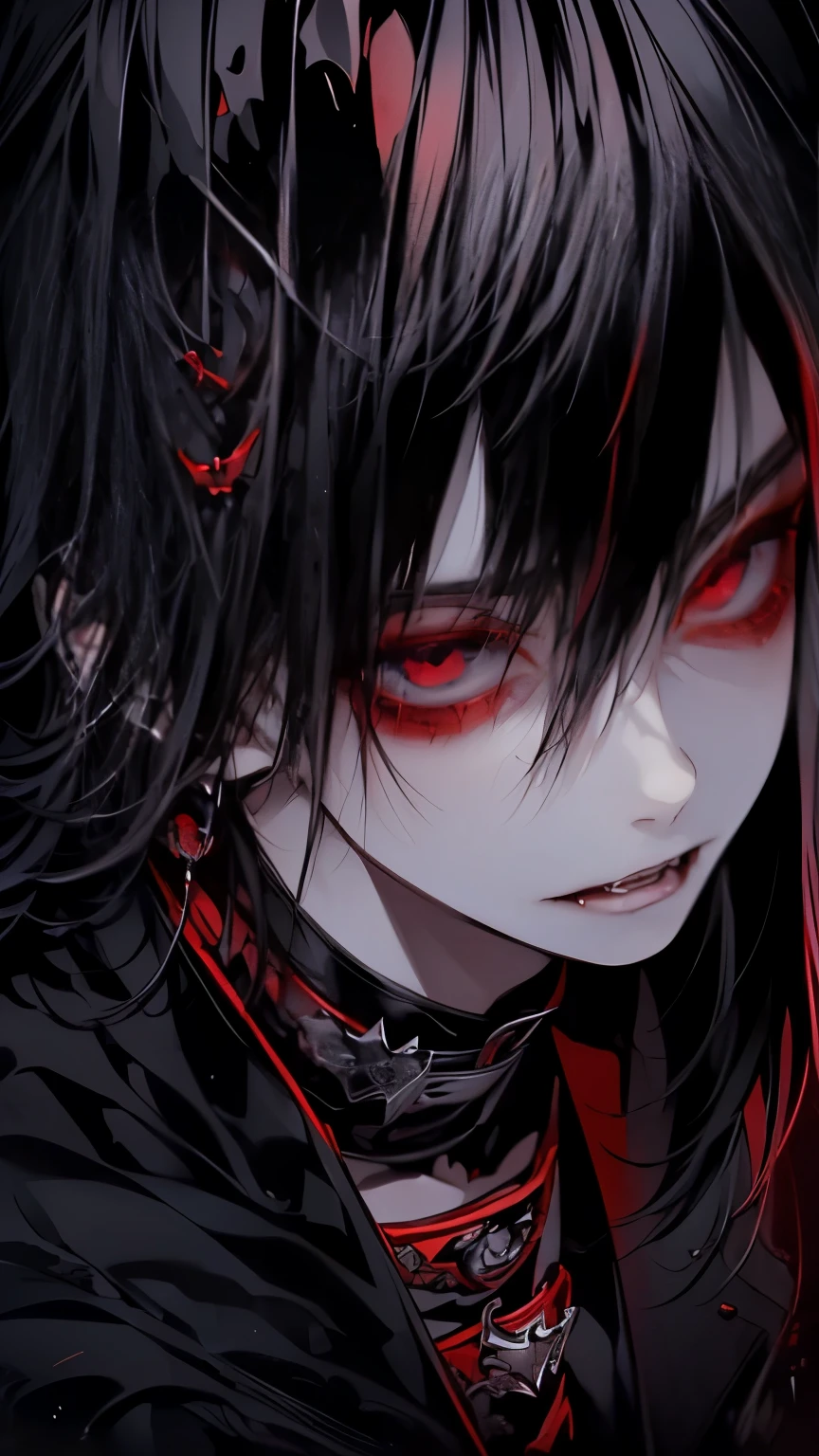 (best quality), 1man,Masculinity, perfect face,(One with long black hair:1.5),(red eyes:1.4),(vampire:1.4),(Open your mouth to show your fangs:1.3),Gorgeous dark atmosphere, man in black suit,late night