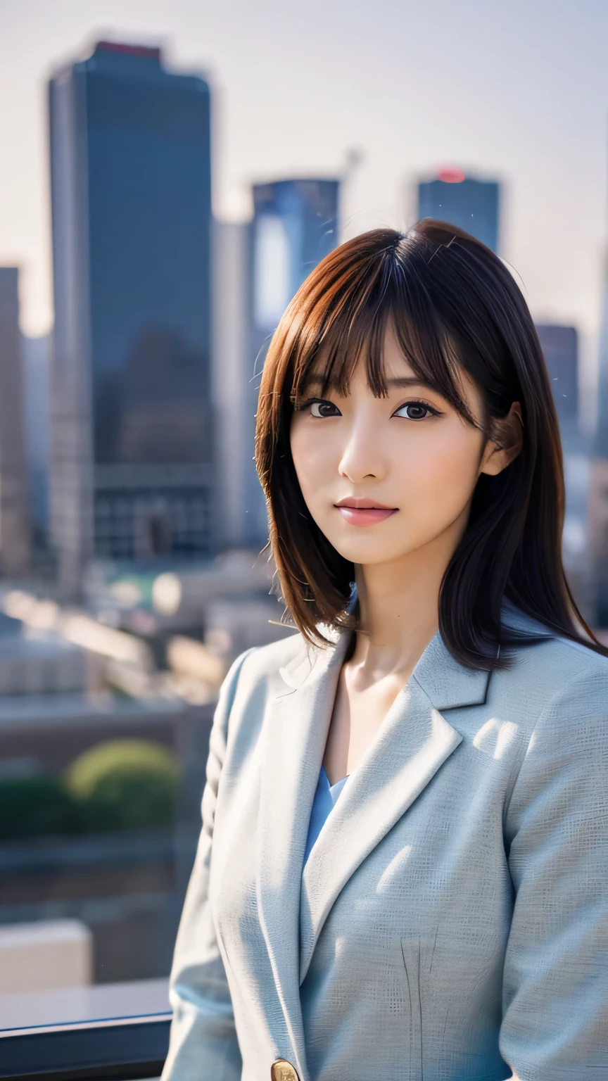 (half body shot), hyper realism, (Photoreal:1.4), 8K, maximum resolution, (masterpiece), very detailed, highest quality, sophisticated facial features, The most beautiful woman in Japan, Detailed beautiful eyes and lips, Canon R5 50mm, Nogizaka, (japanese idol:1.3), big breasts, navy blue tailored pants suit, Professional, elegant, City skyline view, modern office environment,