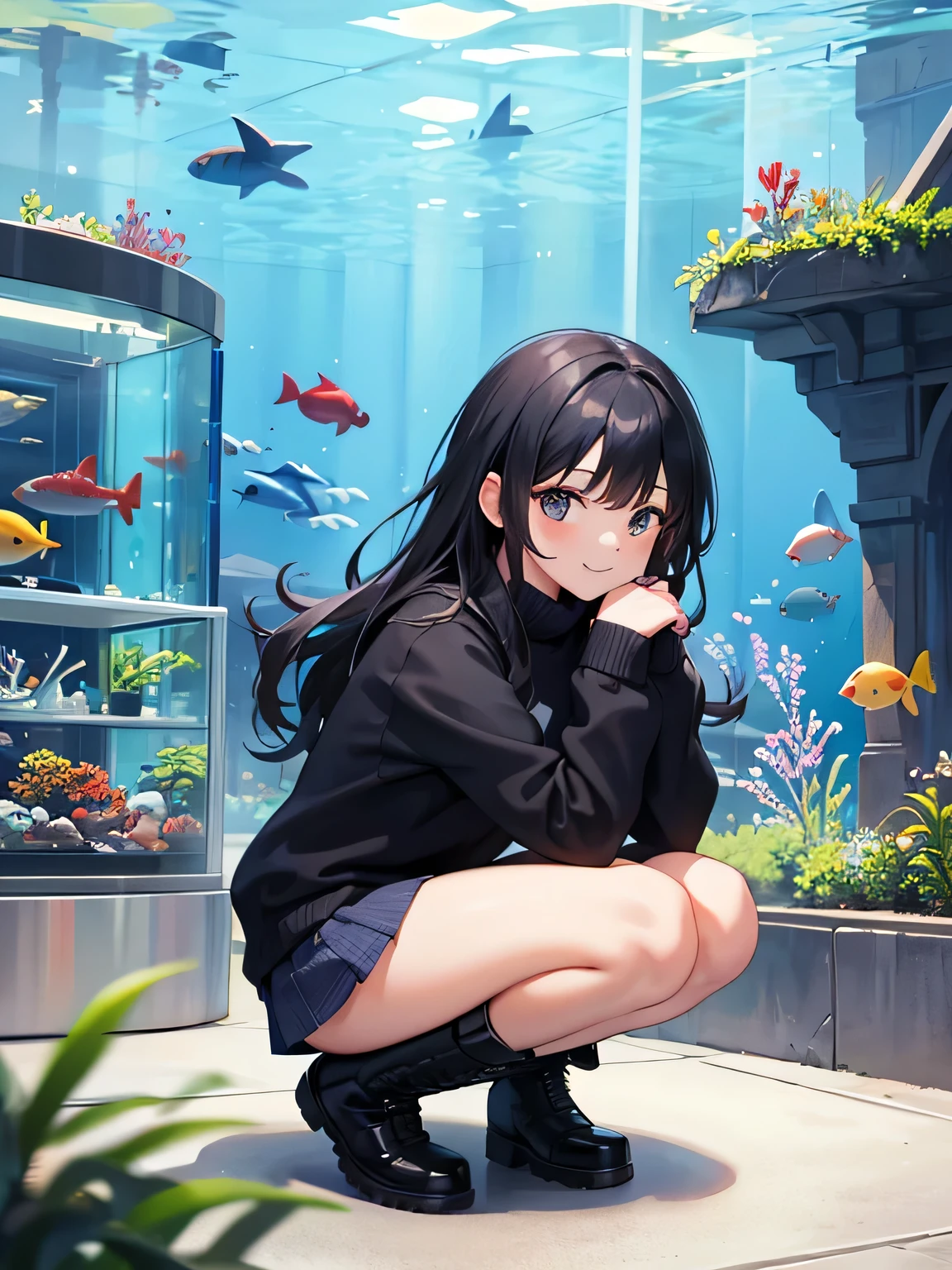 (1) A woman is squatting down and looking at the aquarium.
(2) that woman has long black hair.
(3) The woman is wearing a fluffy knit, Mini skirt and long boots.
(4) The woman's expression is a smile.
(5) The place is an aquarium.
