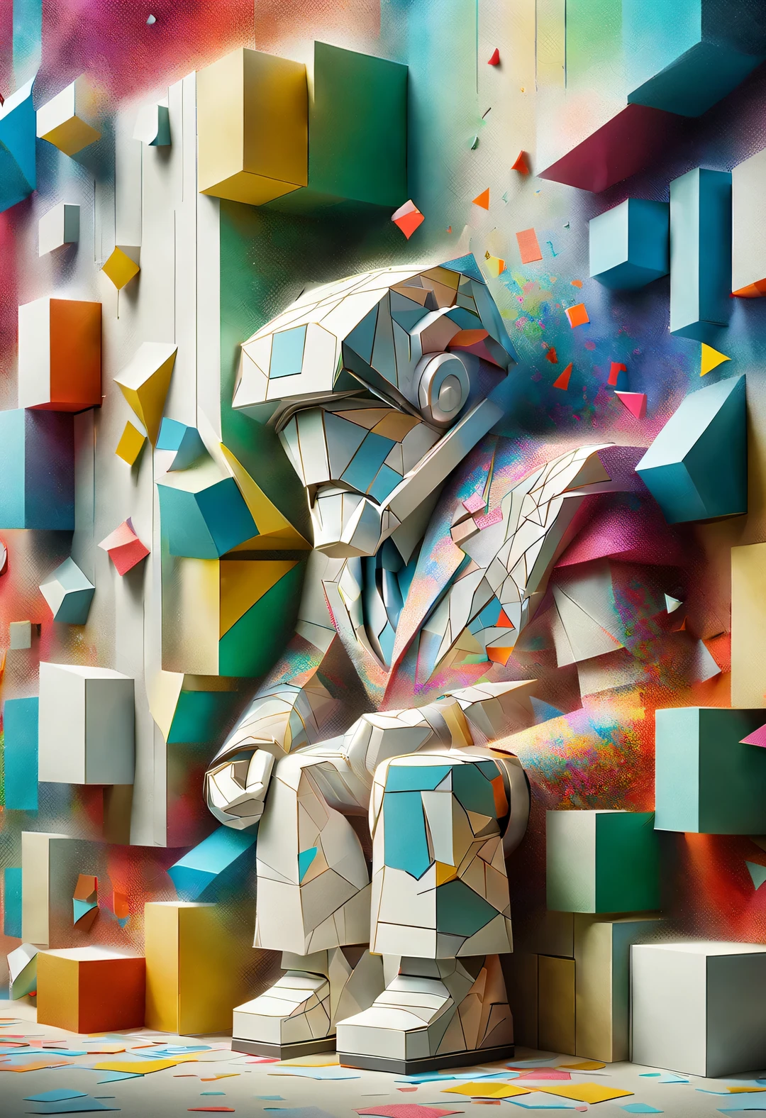 White confetti people walking through wall，Become a confetti man, fantasy, science fiction.,low poly,cubism,Thick layer paper cutting,author：Charles Eames and Ray Eames,