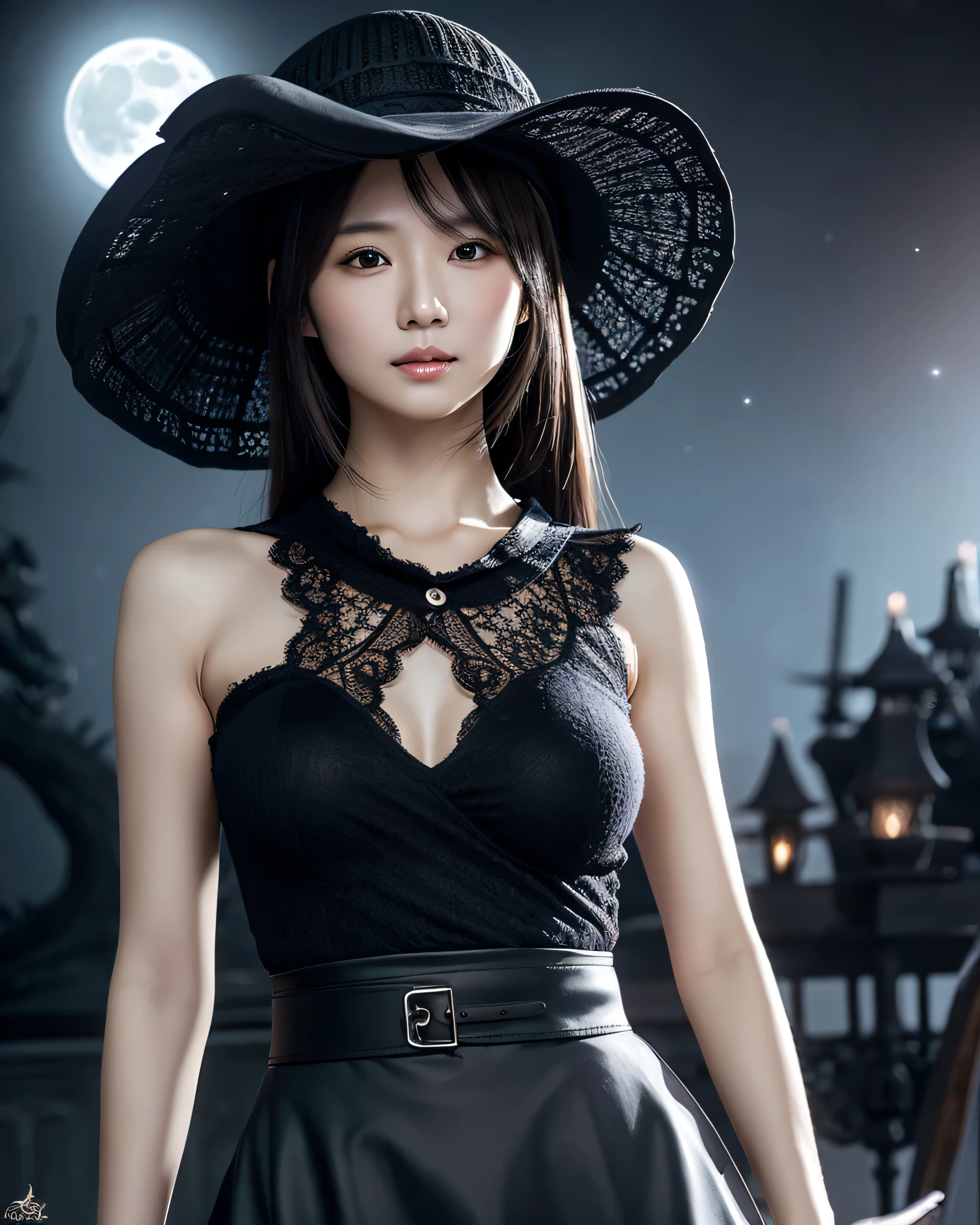 beautiful japanese woman,magical beautiful eyes,fantasy erotic witch ,fine black hair,smooth and soft skin,（huge full moon:1.5）,Detailed and perfect clavicle,big symphony lace classic skirt ,(Black Tricorn Hat:1.3),concept art,professional lighting