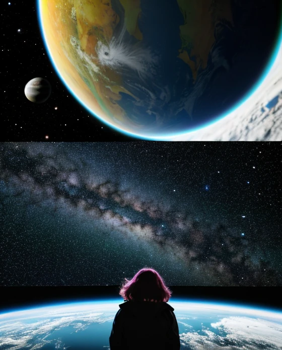 masterpiece、A girl wandering in space、Various planets are scattered and show a fantastic scenery
