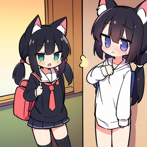 multiple girls、knee high socks、flat chest、thighs、Condescending、Crab crotch、Peeing、quirting、night、I have nipple、black hair、Sperm is on it、Condescending、High resolution、Detailed、masterpiece、twin tails、blush、naked、masturbation、carrying a school bag、Toilet in a private room、Cat ear
