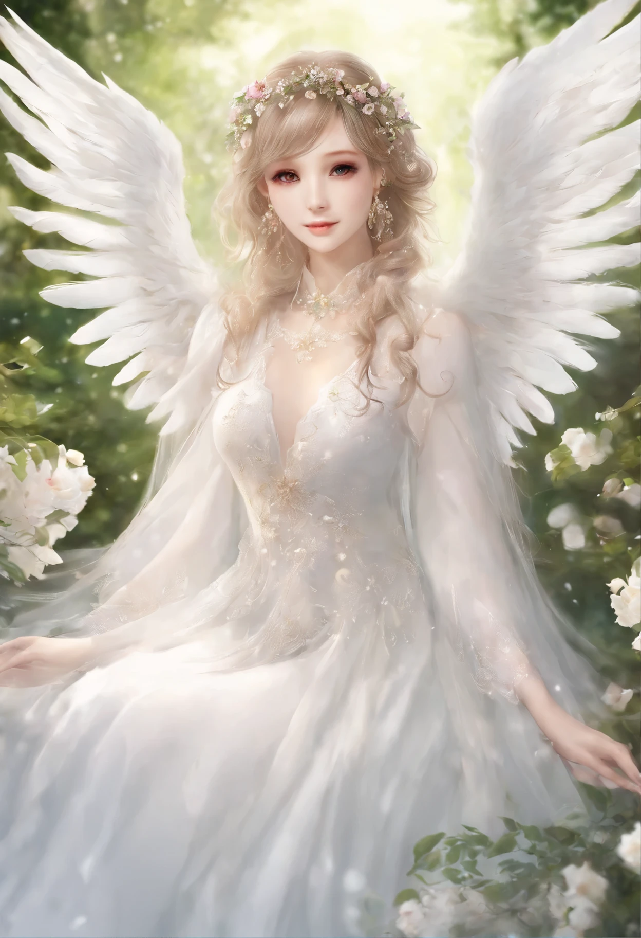 Aphrodite、Angel、fantasy、high quality，masterpiece，delicate features，delicate hair，delicate eyes，delicate hair，animemanga girl，Floral, dreamy style, fantasyなお花畑, fantasy style clothing, romantic dress, 美しいAngel, 美しいfantasyなAngel, fantasy art style,anime fantasy illustration, goddess of the forest,  beautiful illustration of art，8Khigh qualityの緻密なアート（delicate features 細い髪の表現 最high quality masterpiece masterpiece 完成度の高さ 雰囲気感 壁紙，masterpiece，best quality，super detailed、微笑むAngel、Full of heart、Wings from the backが生えている、long eyelashes、happy face、Wedding dress、Wings from the back、Angelなので翼がついている