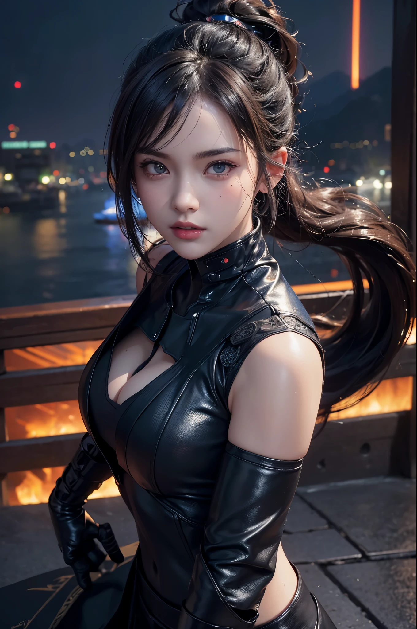(Best Quality,4k,8K,hight resolution,Masterpiece:1.2),Ultra-detailed,(Realistic,Photorealistic,photo-realistic:1.37),Ninja Girl, KUNOICHI, (beatiful face: 1.5), (The hair is gathered in two ponytails: 1.3), Detailed facial features, sharp-focus,Professional, Action-packed, (beautiful detail eyes, beautiful detailed lips: 1.3), athletic, graceful, black outfit, Rising Moonlight, Discreet movement on rooftops, Creating a sense of speed and agility, full moon, Illuminating the Night Sky, Demonstration of the beauty and strength of a ninja girl, in full height, Focus on the whole body.