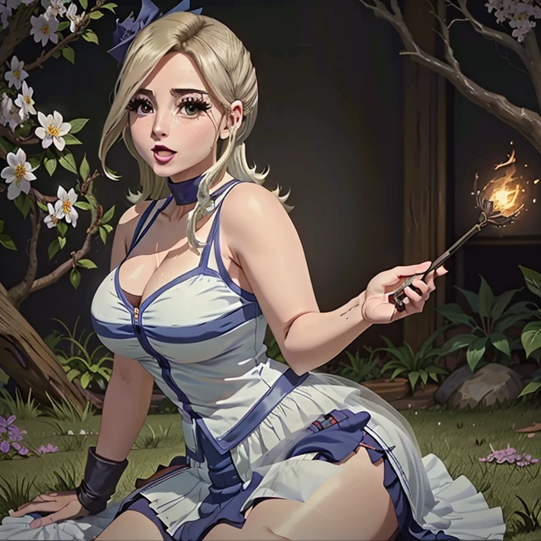 Lucy Heartfilia,cauda de fada,belos olhos detalhados,beautiful detailed lips,olhos e rosto extremamente detalhados,long eyelashes,cabelo loiro penteado em rabos de porco,sorrindo brilhantemente,olhos azuis cintilantes,top roxo e saia azul,Standing in a magical garden surrounded by floating flowers,luz cintilante iluminando a cena,cores suaves e vibrantes,arte estilo anime [retrato],dreamlike atmosphere,vivid colors,best quality,ultra-detalhado,realistic lighting,Bokeh,paleta de cores pastel,flor,vegetation,Borboletas,Ambiente tranquilo,expression joyful,Shimmering magic in your hands,fundo encantado da floresta,Ethereal and magical scene.
