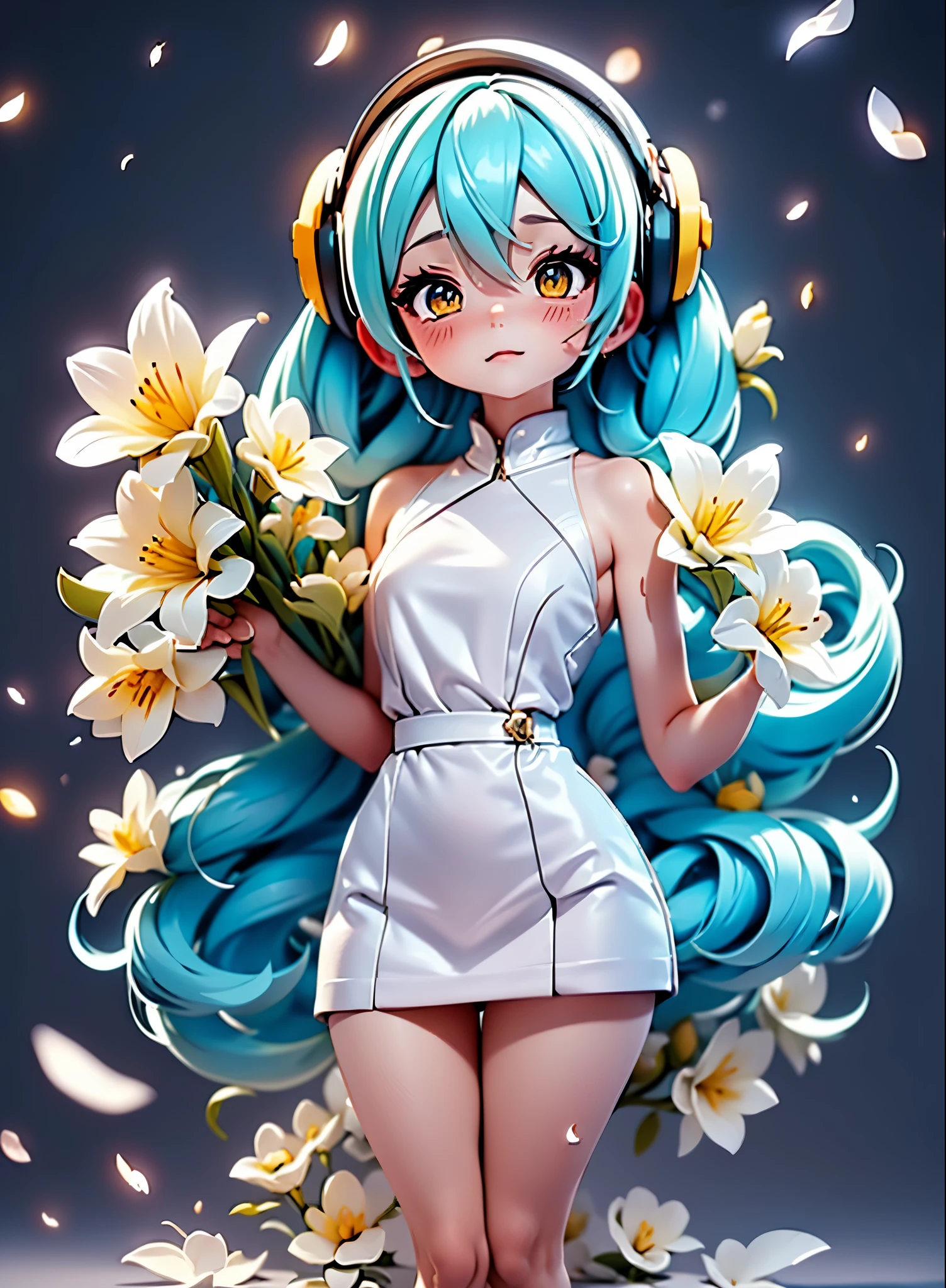 hatsune miku blue hair , Kagamine Rin yellow hair , White Wedding Dresses, long hair, flower hairpin, wedding bouquet wrapped in white paper, hand caressed hair, The effect of falling white petals, lily, big,