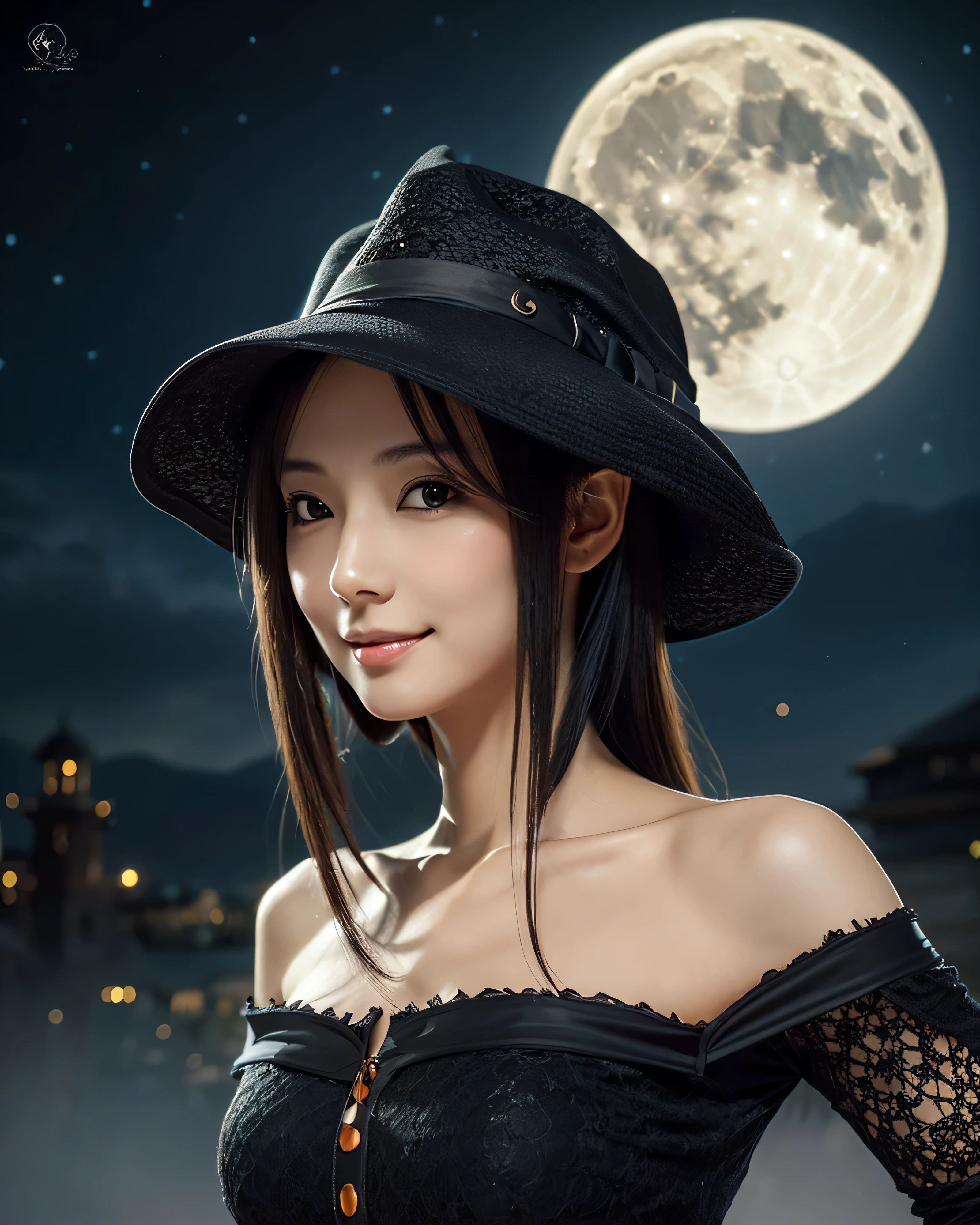 beautiful japanese woman,magical beautiful eyes,mischievous smile,fantasy erotic witch ,fine black hair,smooth and soft skin,(huge orange full moon:1.5),Detailed and perfect clavicle,big symphony lace classic skirt ,(Black Tricorn Hat:1.3),concept art,professional lighting