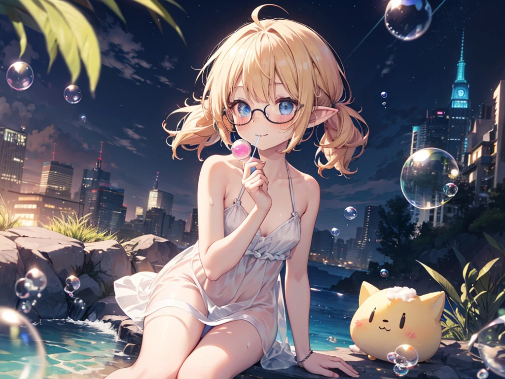 ultra detailed, best quality, high resolution, beautiful, 8k, pale skin, , (glossy blonde hair), (very short hair), blue eyes, (ahoge:1.3), ((girl)), (((solo))), ((glasses:1.3)), ((pointy ears)), (blush:1.3), ((single short braid:0.8)), ((happy smile:1.3)), ((sitting:1.5)), (nude), ((watercolor)), ((soap bubble:1.3)), ((night)), (windy:1.5), ((looking up:1.5)), ((blow bubbles straw in mouth:1.5)), ((looking away:1.5)), ((short twintails)), ((pretty panty)), ((nsfw))