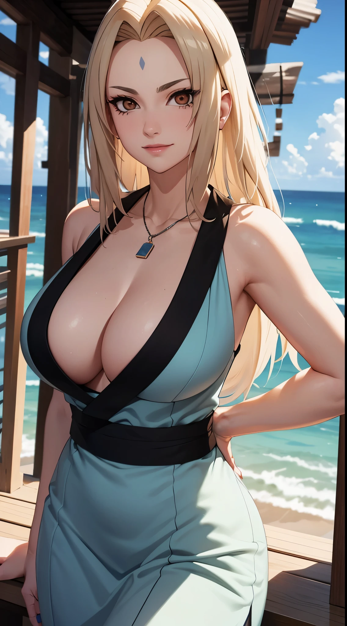 ((hue tits)) tsunade ((vestido apretado con hombreras descubiertas))((sexy))（obra maestra：1.3），pelo rubio，abrigo verde，ojos dorados，smile，pechos grandes ligeramente gordos，Estar rojo en la cara，la mejor calidad，el es muy detallado，Foto del busto，Get closer to the lens，SFW，Rostro delicado y hermoso，playa de mar，rayos de sol，baiyun，flying birds