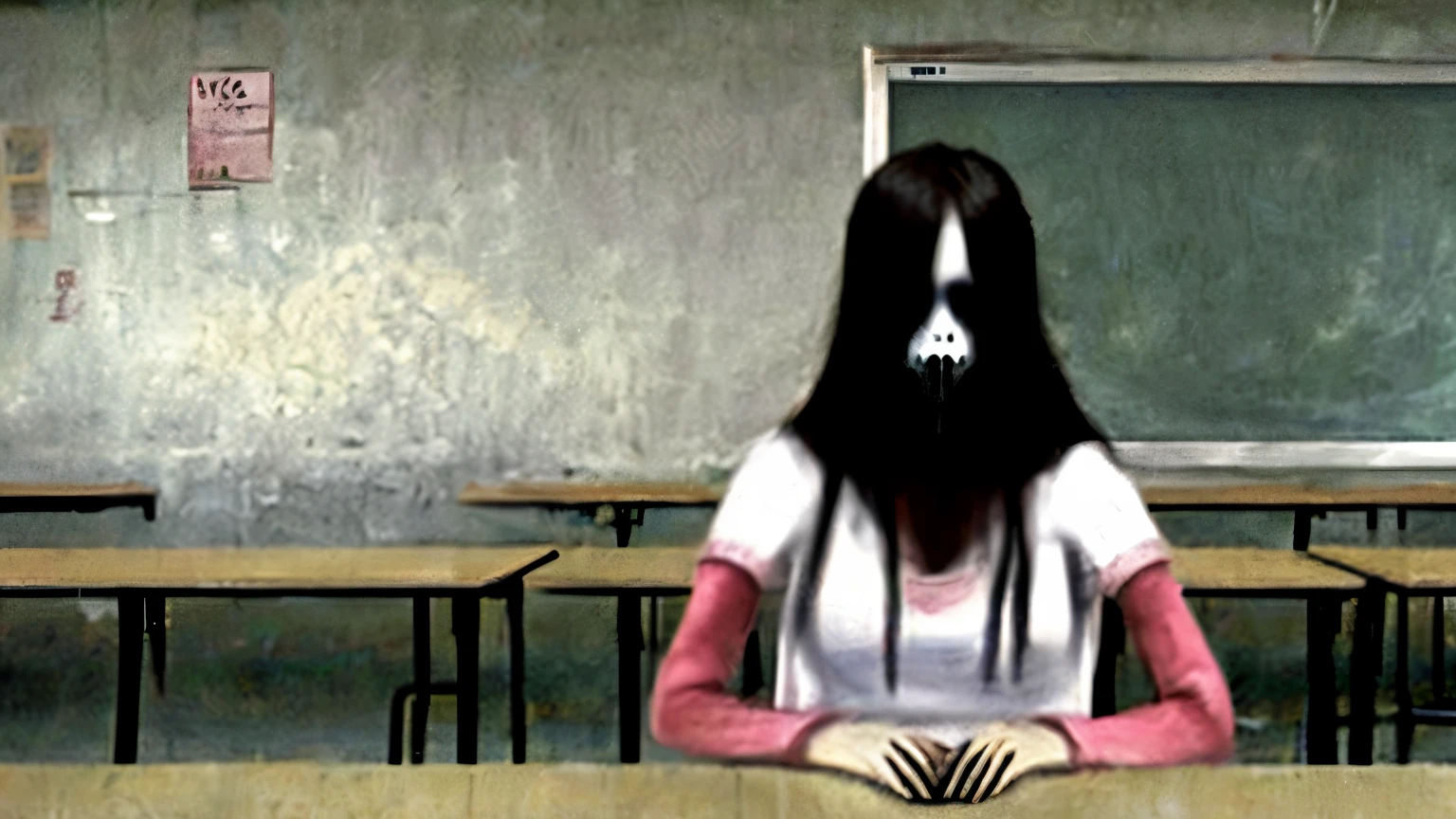 The ghost of a female student in a creepy classroom