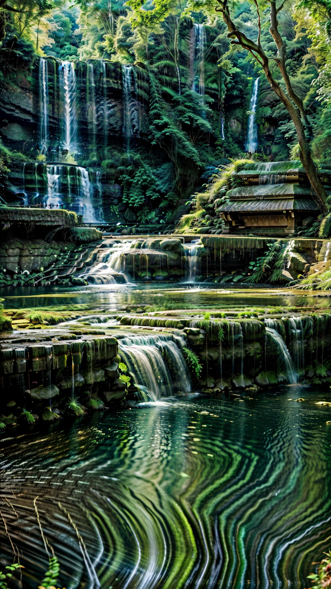 there is a waterfall in the middle of a lush green forest, peaceful beautiful waterfall, nature wallpaper, beautiful stunning waterfall, beautiful waterfall, stunning waterfall, forest and waterfall, mobile wallpaper, amazing wallpaper, screensaver, peaceful and serene, lush landscape, nature scenery, lush oasis, with waterfalls and river, with trees and waterfalls, beautiful wallpaper, waterfalls and lakes