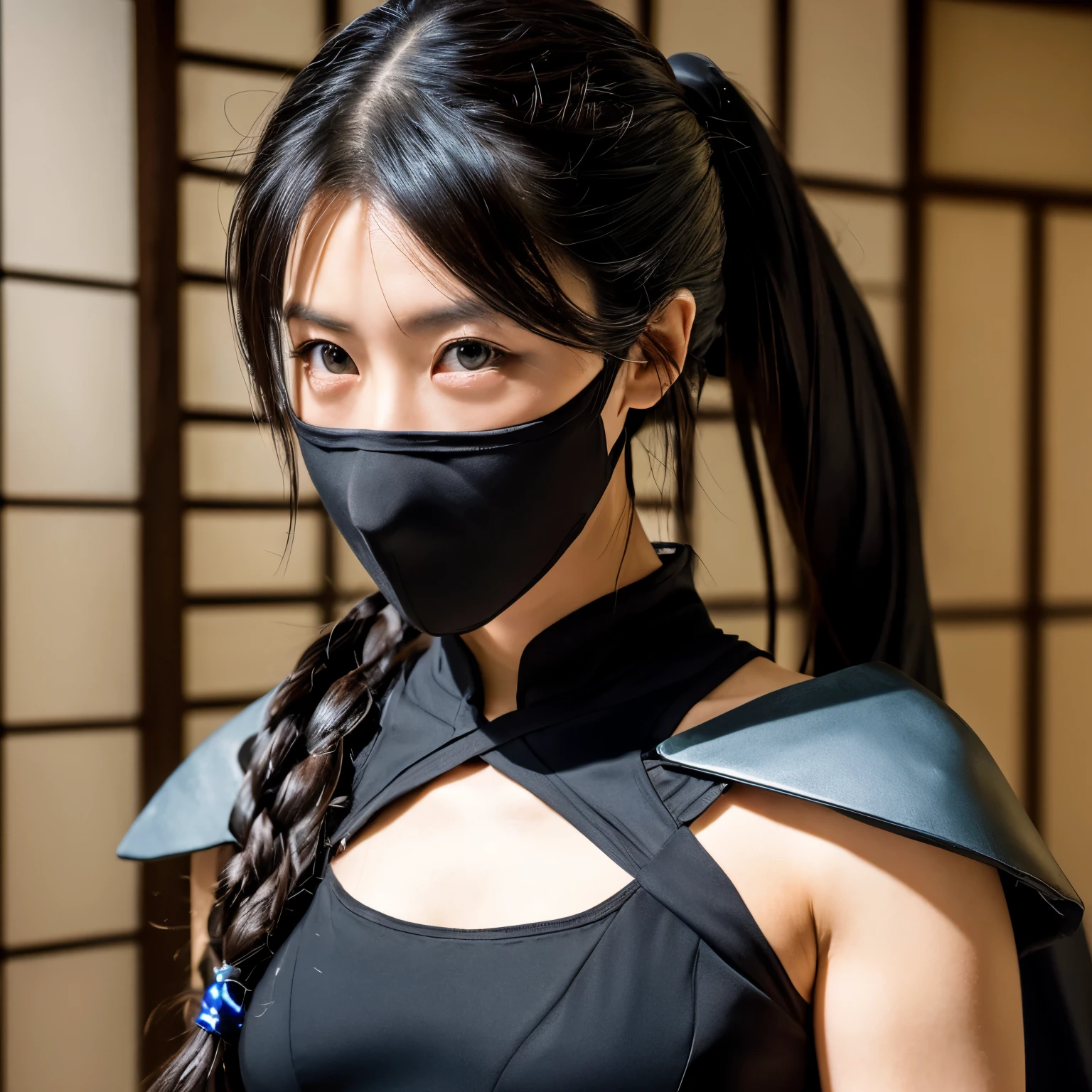 ((Ninja 1.3)),After the battle,(torn costume),photo realistic, whole body,mask, Edo Period,Background Sen, highest quality, ultra high resolution, depth, pastel colour, natural shading、long hair, black hair, brown and detailed eyes, black dress, gloves, anatomically correct,