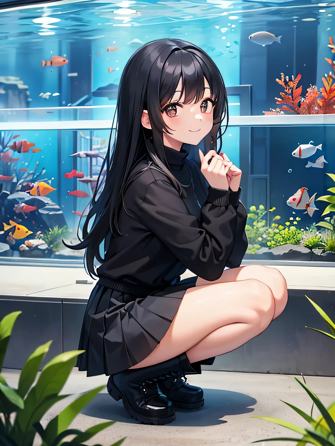 (1) A woman is squatting down and looking at the aquarium.
(2) that woman has long black hair.
(3) The woman is wearing a fluffy knit, Mini skirt and long boots.
(4) The woman's expression is a smile.
(5) The place is an aquarium.