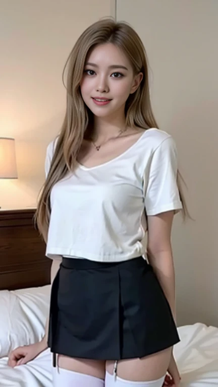 Pure beauty short skirt,Face highlight,Smile,look at me,Half-length photo,The background is bed Tyndall light,Filter rendering,Super fine,HD,HD,HD画质,detail,18k超HD分辨率,Top effect,masterpiece,full-body shot,black stockings