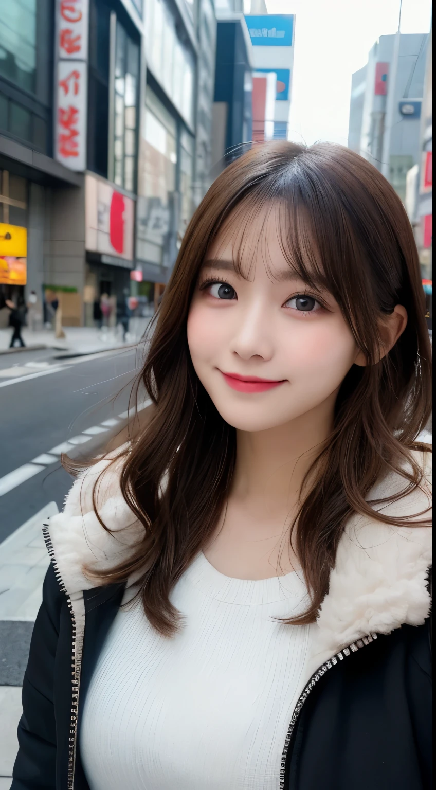 table top, highest quality, shape, Super detailed, finely, High resolution, 8k wallpaper, 完璧なダイナミックな構shape, beautiful and detailed eyes, tokyo trend冬ファッション,tokyo trend＆Introducing cute hairstyles at random, small breasts, natural color lip, random sexy pose,cute smile,big city、20 year old girl、beautiful and detailed face、perfect and beautiful face,Big eyes、Wear fluffy black outerwear with fur、beautiful detailed face、perfect and beautiful double eyelids、blur the background、perfect and beautiful face、Feminine poses、blur the background