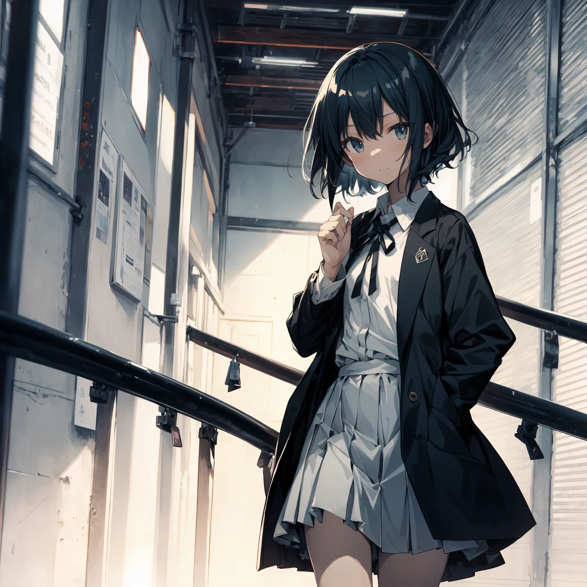 Super high quality by the art god, super detailed, High resolution,Shinkai Makoto style, anime moe art style, best anime 8K konachan wallpaper, pixiv contest winner, perfect anatomy, break,(眠そうにalone学校へ行く女の子を描いてください. ),break, surreal high school girl, (alone,lolita, , 13 years old:1.3),All limbs, full finger,, androgynous charm, ((very short hair)), messy hair, flat chest, , small ass, between legs, Small black eyes, beautiful and fine eyes, Well-proportioned iris and pupils, disgusted eyes, High resolutionの詳細な髪, wearing school uniform, (skirt), On the way to school. break,super dense skin, Best lighting by famous artists, 8K, figure,