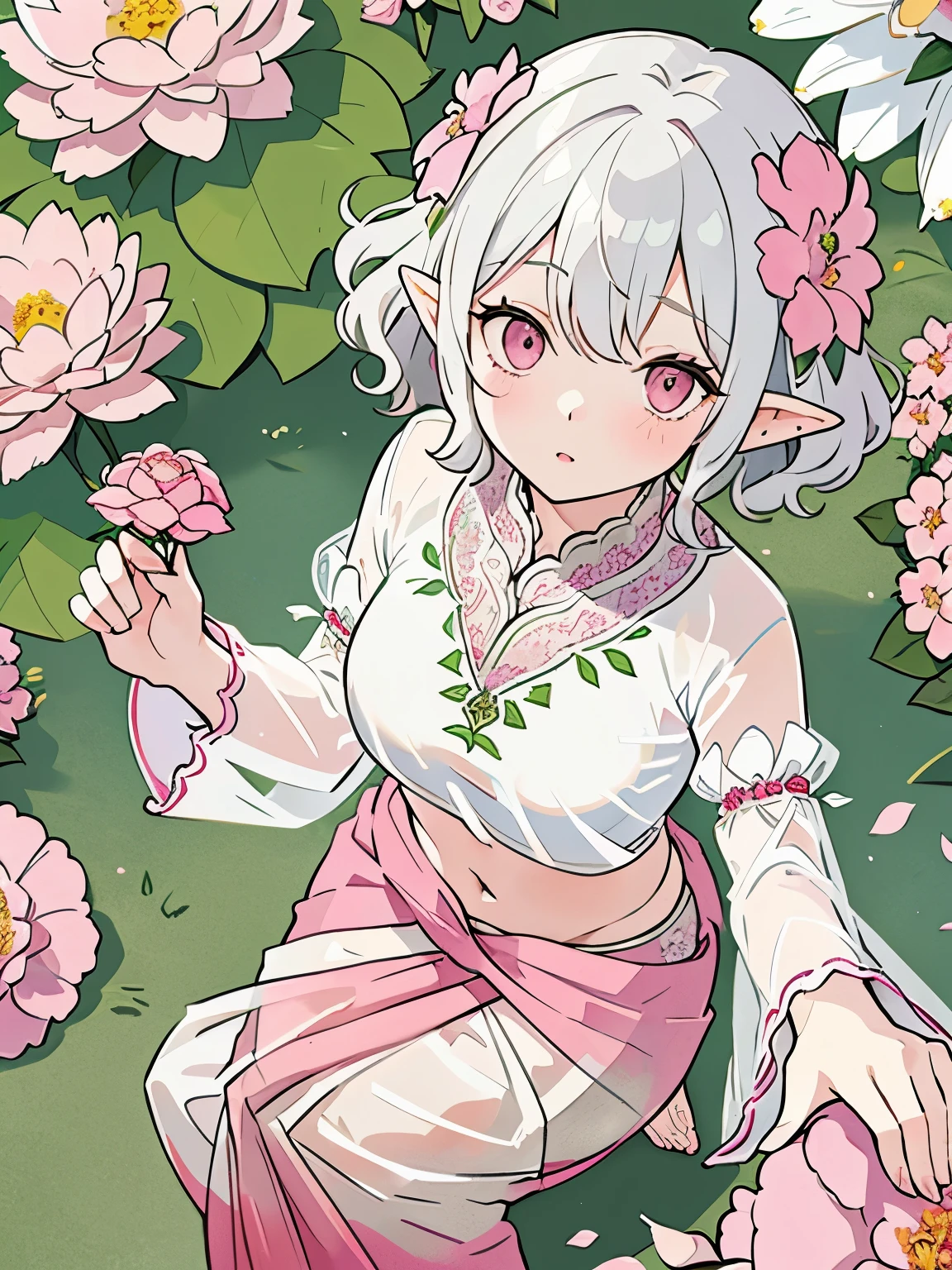 (gray hair:1.2),(short hair with curls:1.3),(Soft short:1.25),(Together:1.3),(Reddish-pink eyes:1.4),(eye size:1.5),(elf ears:1.2),(flower motif accessories:1.3),((saree fashion:1.4)),(Sheer Sleeve:1.4),(Fluffy skirt:1.35),(Background full of blooming flowers:1.5),(blush),(upper grade:1.3),(small breasts:1.4),(close up of face:1.25),((foot pose:1.3)),(look up:1.25),((perspective from above:1.3)),BREAK,(fashion color white、green、green 、Money:1.3)