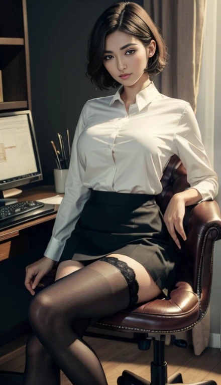 face is :9,666349256], (Elite secretary of the upper class in light underwear), Sitting in a chair and working in the office、 (Wearing pantyhose)、(Short Layer Hair)、crossed legs, Wear high-end high heels、 (thighhighs and skirt), Shirt secretary, businesswoman,  Wear shirts and skirts, Business attire, business outfit, Raw photo, (8K、top-quality、​masterpiece:1.2)、(intricate detailes:1.4)、(Photorealsitic:1.4)、octane renderings、Complex 3D rendering ultra detail, Studio Soft Light, Rim Lights, vibrant detail, super detailing, realistic skin textures, Detail Face, Beautiful detail eyes, Very detailed CG Unity 16k wallpaper, make - up, (detailedbackground:1.2), Exposed thighs!!!,