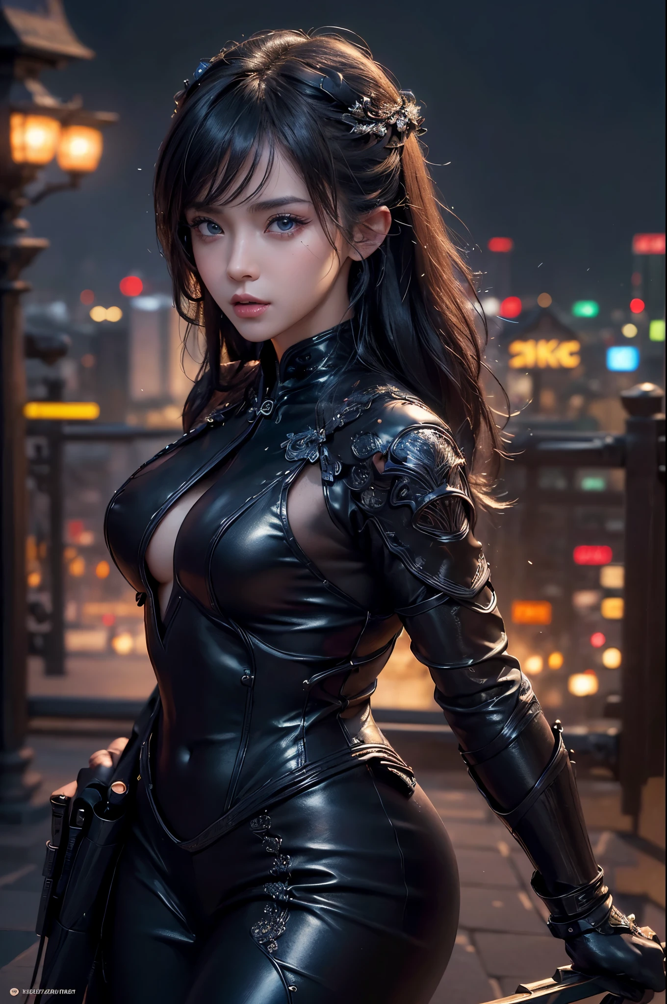 (masterpiece:1.2), (best quality), (ultra detailed), (8k, 4k, intricate), (half-shot:1.2), (highly detailed:1.2), (detailed face:1.2), (detailed background), (portrait), detailed landscape, girl, cyber ninja, fighting stance, tech implants, Laser, japan style city background, night, neon lights, raining