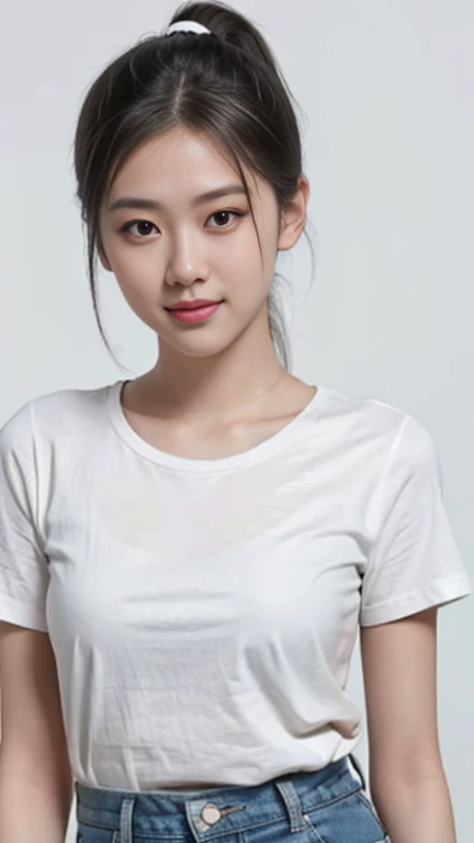 a girl，solo，Smile，black hair，Low ponytail，black eyes，looking at the audience，white shirt，short sleeves，Denim shorts，White background，simple background，Delicate luminescence