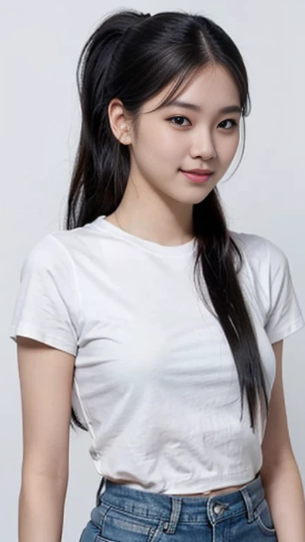 a girl，solo，Smile，black hair，Low ponytail，black eyes，looking at the audience，white shirt，short sleeves，Denim shorts，White background，simple background，Delicate luminescence