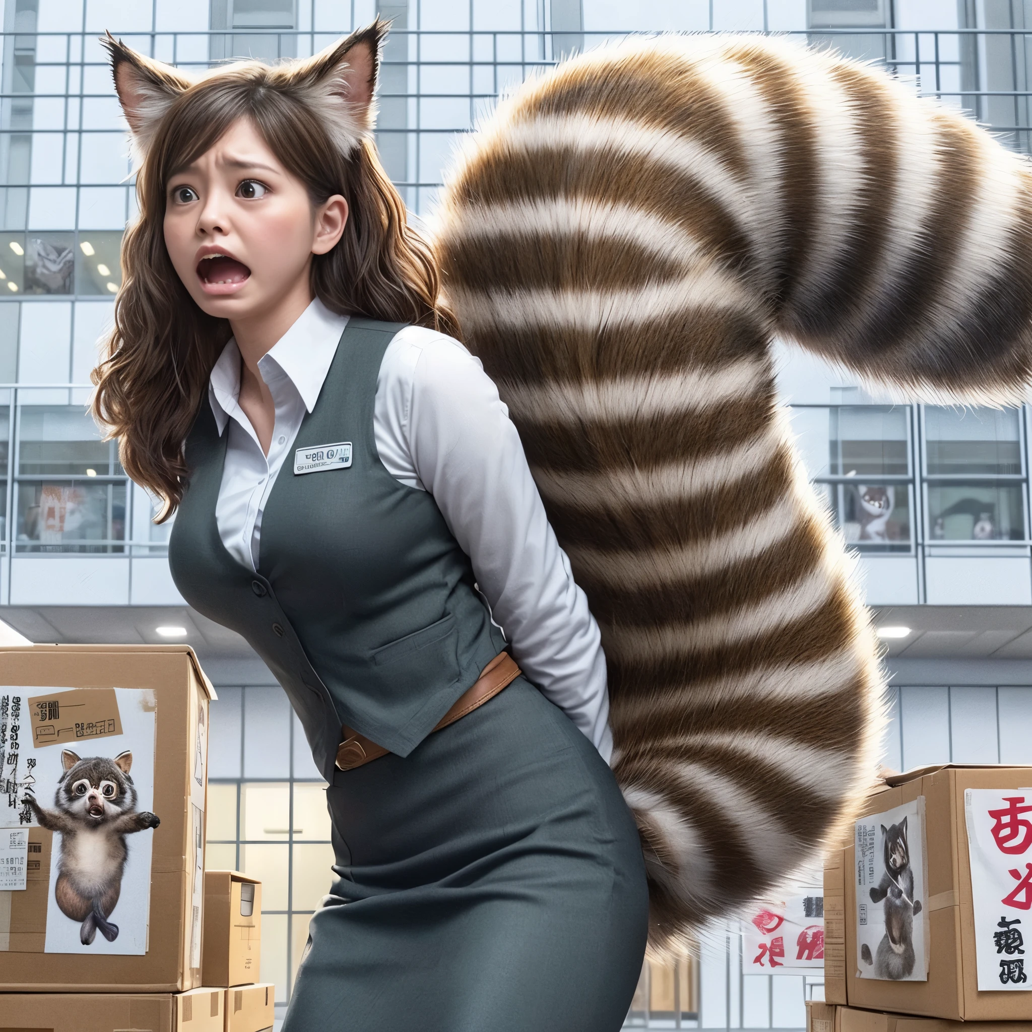 woman stands with a tanuki tail, (software) safe for work, fur with tail, software version, coworkers, realistic style, , realistic style , beautiful girl, photograph, 最high quality, (Her skirt is flipped up and her tail is visible.:1.8) ,Reality, small breasts, slender, white panties,tail from above panties, Tail from inside the skirt, bushy tail, realistic tail, flat chest, (software) safe for work, nffsw, retina, muste piece, Accurate, anatomically correct, super detail, advanced details, high quality, 最high quality, High resolution, 1080p, 4k, 8K, The tail is sticking out from inside the skirt, long tail, A face that looks like it's about to cry, troubled face