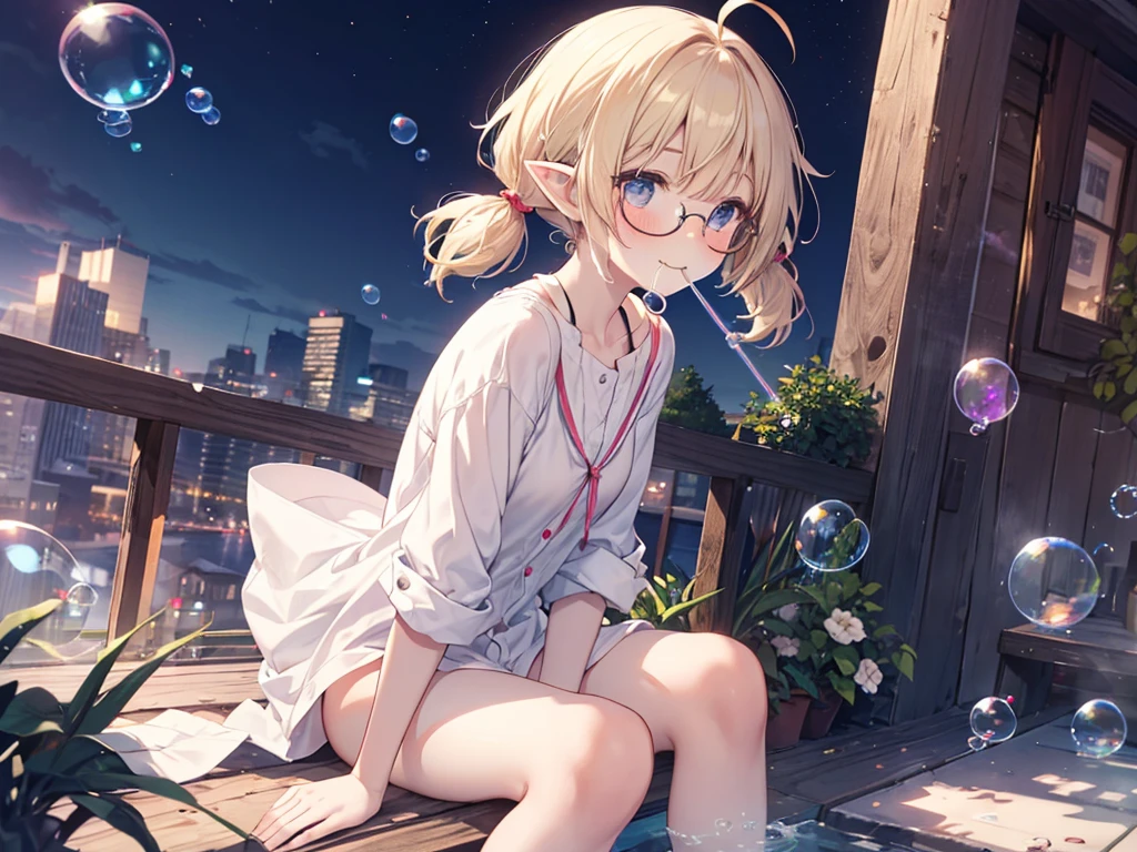 ultra detailed, best quality, high resolution, beautiful, 8k, pale skin, , (glossy blonde hair), (very short hair), blue eyes, (ahoge:1.3), ((girl:0.5)), (((solo))), ((glasses:1.3)), ((pointy ears)), (blush:1.3), ((single short braid:0.8)), ((aroused:1.3)), ((leaning forward:1.5)), (pretty bra), ((watercolor)), ((soap bubble:1.3)), ((night)), (windy:1.5), ((looking up:1.5)), ((looking away:1.5)), ((short twintails)), ((pretty panty)), ((nsfw)), show off nipple, ;3