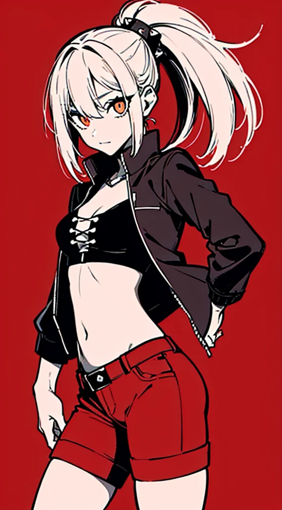 (masterpiece, highest quality:1.6), alone, thick outline, (simple background, Dark red background, monochrome, Dark red theme:1.2), official art, Key Visual, 8K, disorganized, whole body, (Unique hair, Punks jacket, hot pants, arch back, short torso:1.2), belly button, thighs, cowboy shot, HDR, sharp focus, High resolution, most detailed, very detailed, Super detailed, finely, detailed eyes and face, sharp pupils, realistic student