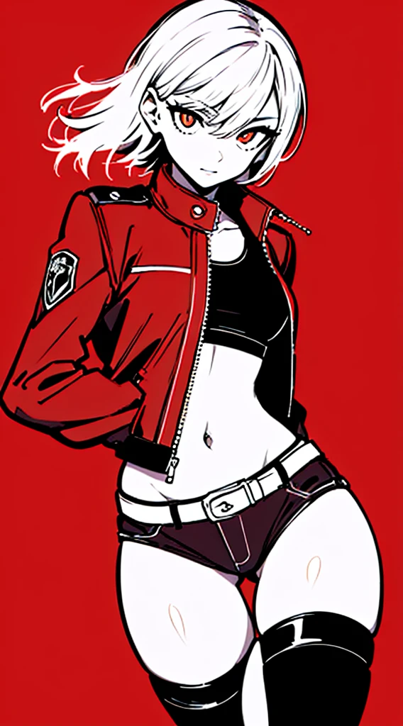 (masterpiece, highest quality:1.6), alone, thick outline, (simple background, Dark red background, monochrome, Dark red theme:1.2), official art, Key Visual, 8K, disorganized, whole body, (Unique hair, Punks jacket, hot pants, arch back, short torso:1.2), belly button, thighs, cowboy shot, HDR, sharp focus, High resolution, most detailed, very detailed, Super detailed, finely, detailed eyes and face, sharp pupils, realistic student