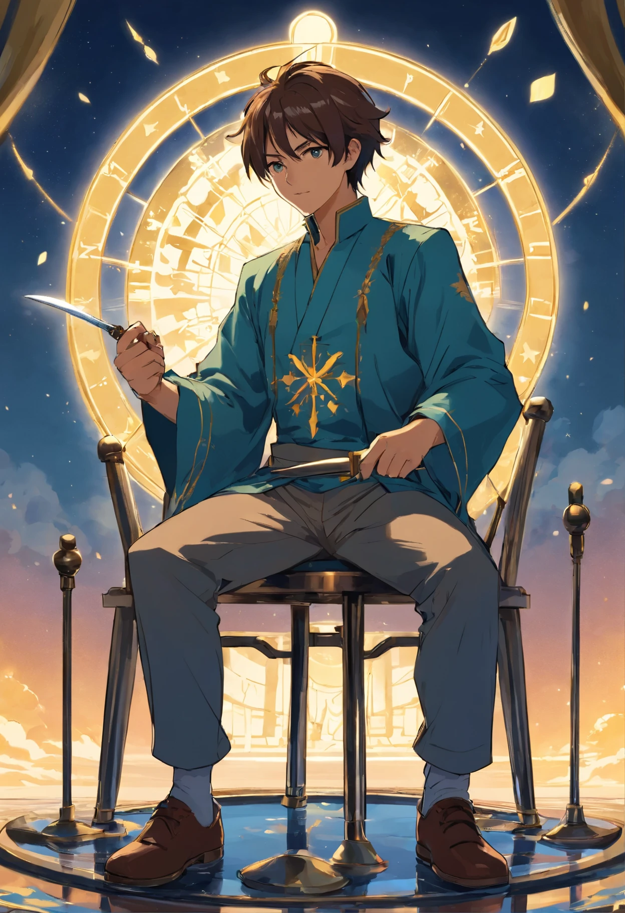 Universal Weight Tarot Card Number 11 Definition, sitting on a metal chair holding a knife in one hand, A male king holding an old scale in one hand and looking straight ahead