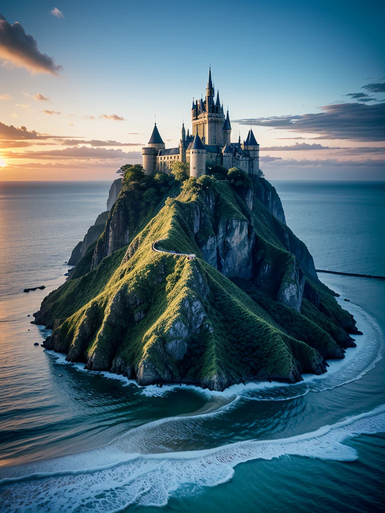 (((masterpiece、Highest image quality、highest quality、highly detailed unity 8kwallpaper)))、((A castle on a lonely island))、(Ocean)、Dock