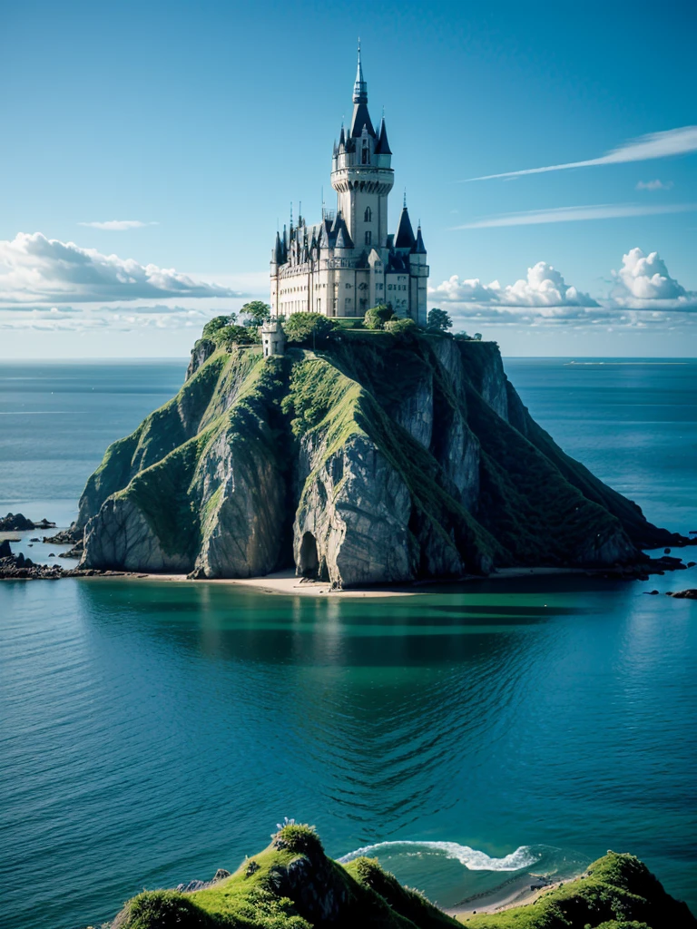 (((masterpiece、Highest image quality、highest quality、highly detailed unity 8kwallpaper)))、((A castle on a lonely island))、(Ocean)、Dock