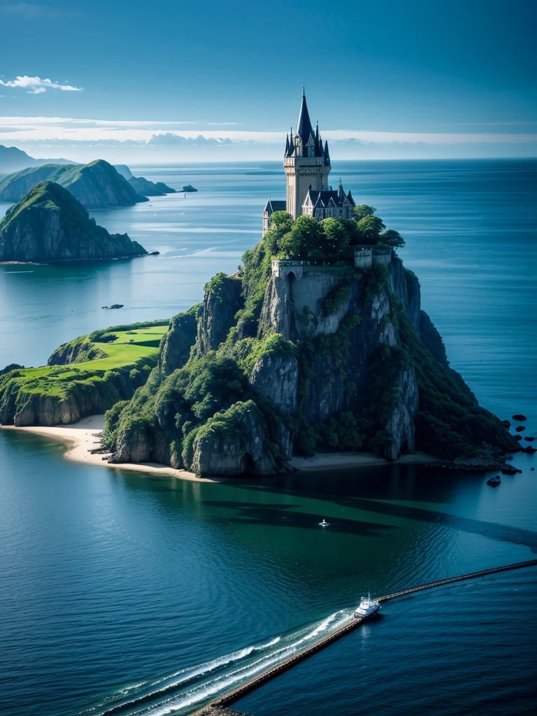 （（（masterpiece、Highest image quality、highest quality、highly detailed unity 8ｋwallpaper）））、（（A castle on a lonely island））、（Ocean）、Dock