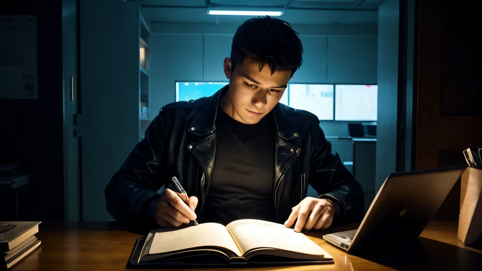 un homme sur son bureau avec un livre, en mode cyberpunk