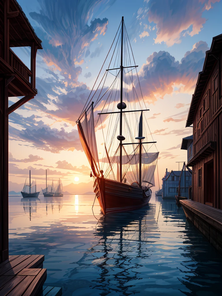 (((masterpiece、Highest image quality、highest quality、highly detailed unity 8kwallpaper)))、((fantasy、medieval port town))、(wooden sailing ship moored)、sunset